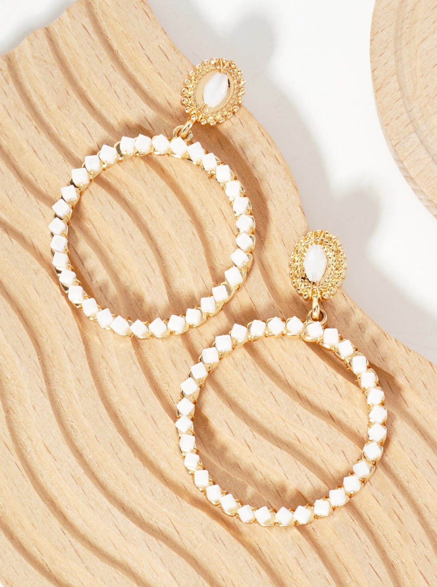 Square-Shaped Glass-Bead Wire-Wrapped Circle Drop Dangle Post Earrings