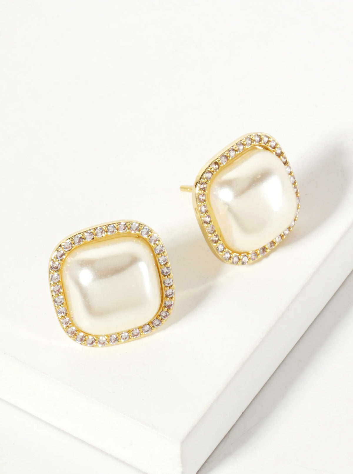 Square Shaped Pearl Pave CZ Button Stud Earrings