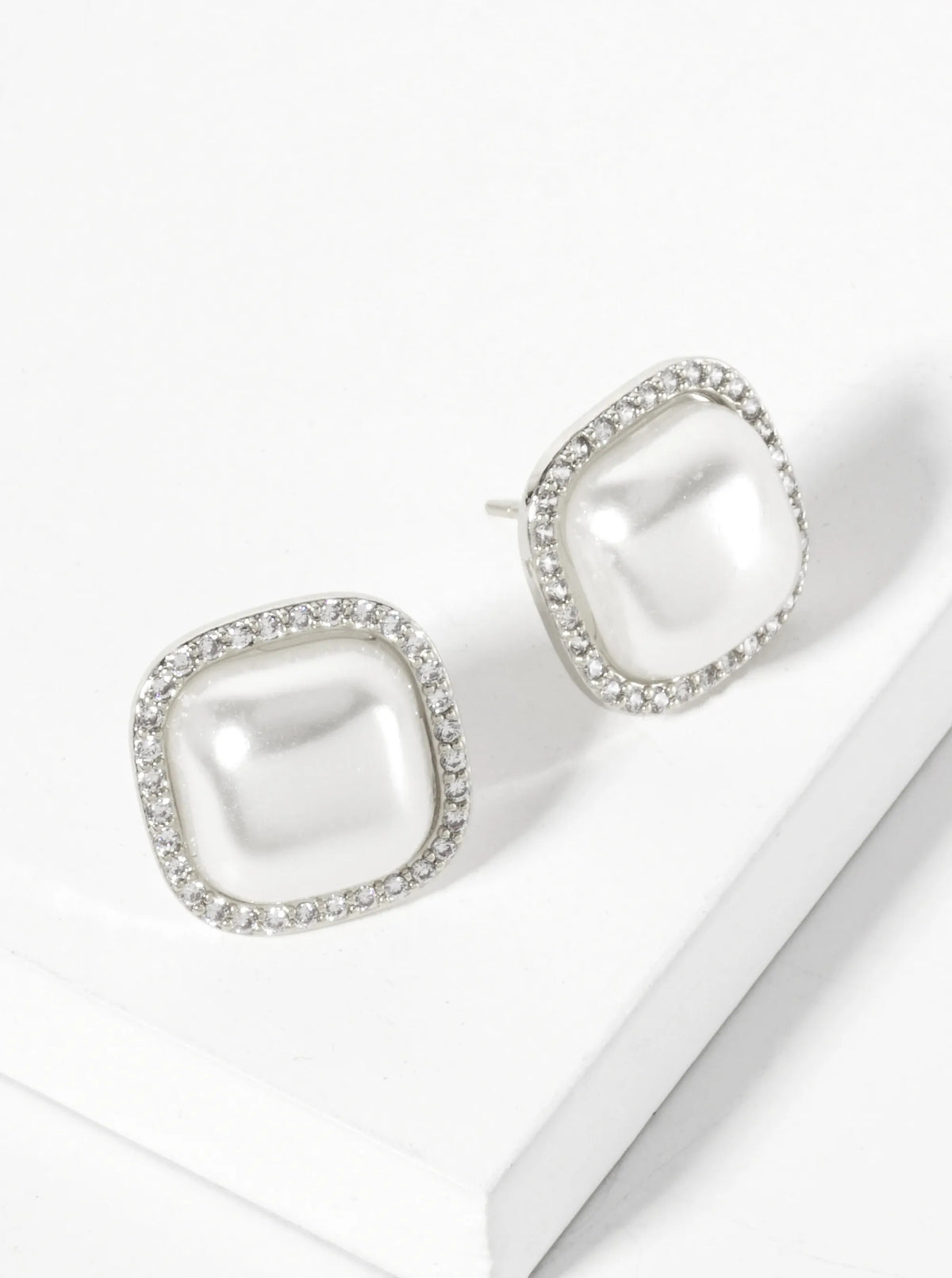 Square Shaped Pearl Pave CZ Button Stud Earrings