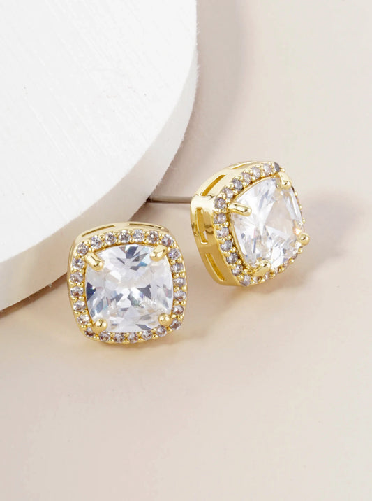 Squircle Cubic Zirconia Prong With Pave Button Stud Earrings