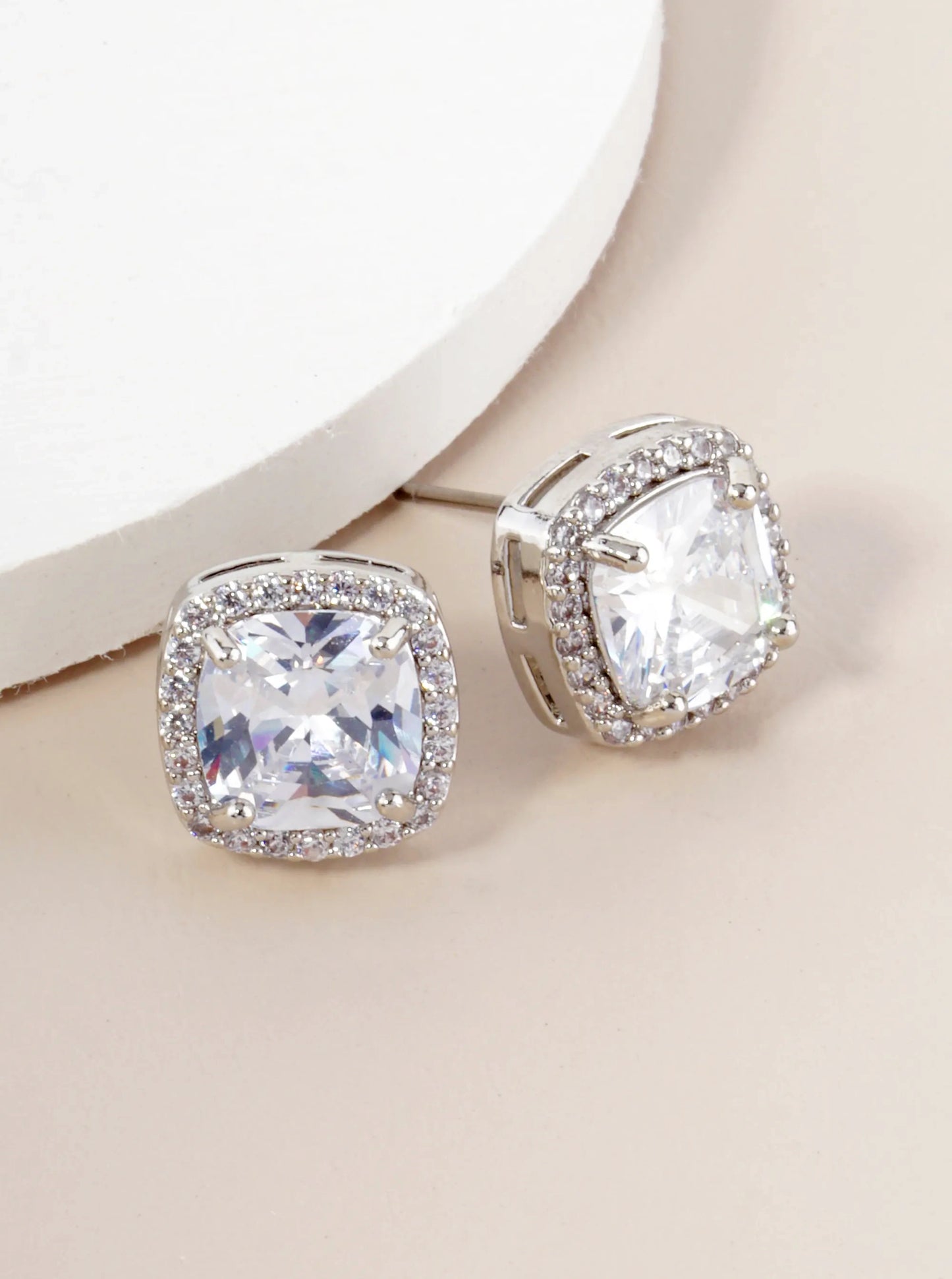 Squircle Cubic Zirconia Prong With Pave Button Stud Earrings