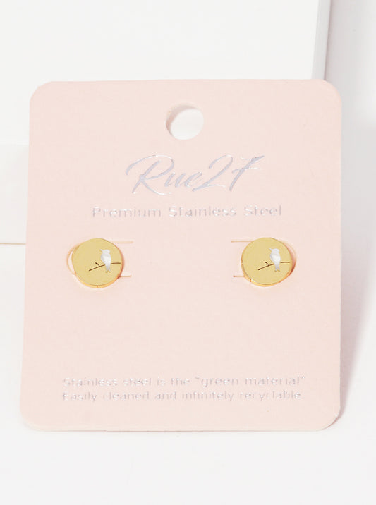 Stainless Steel Bird On Branch Stud Earrings