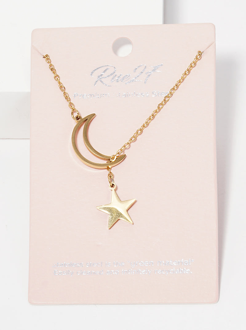 Stainless Steel Crescent Moon Star Necklace