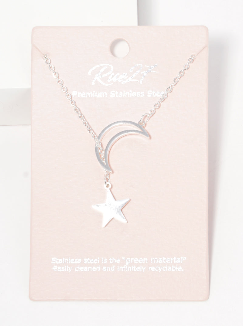 Stainless Steel Crescent Moon Star Necklace
