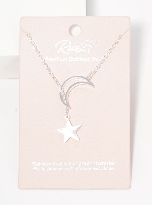 Stainless Steel Crescent Moon Star Necklace