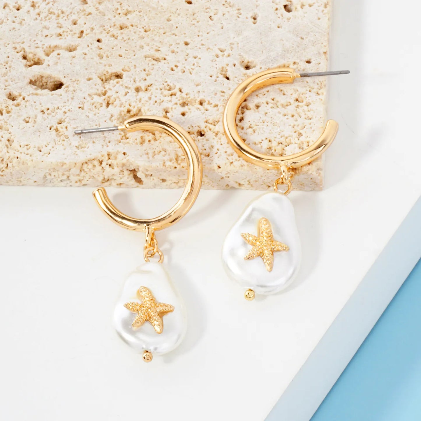 Starfish Teardrop Pearl Drop 20mm Hoop Earrings