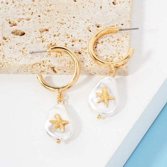 Starfish Teardrop Pearl Drop 20mm Hoop Earrings