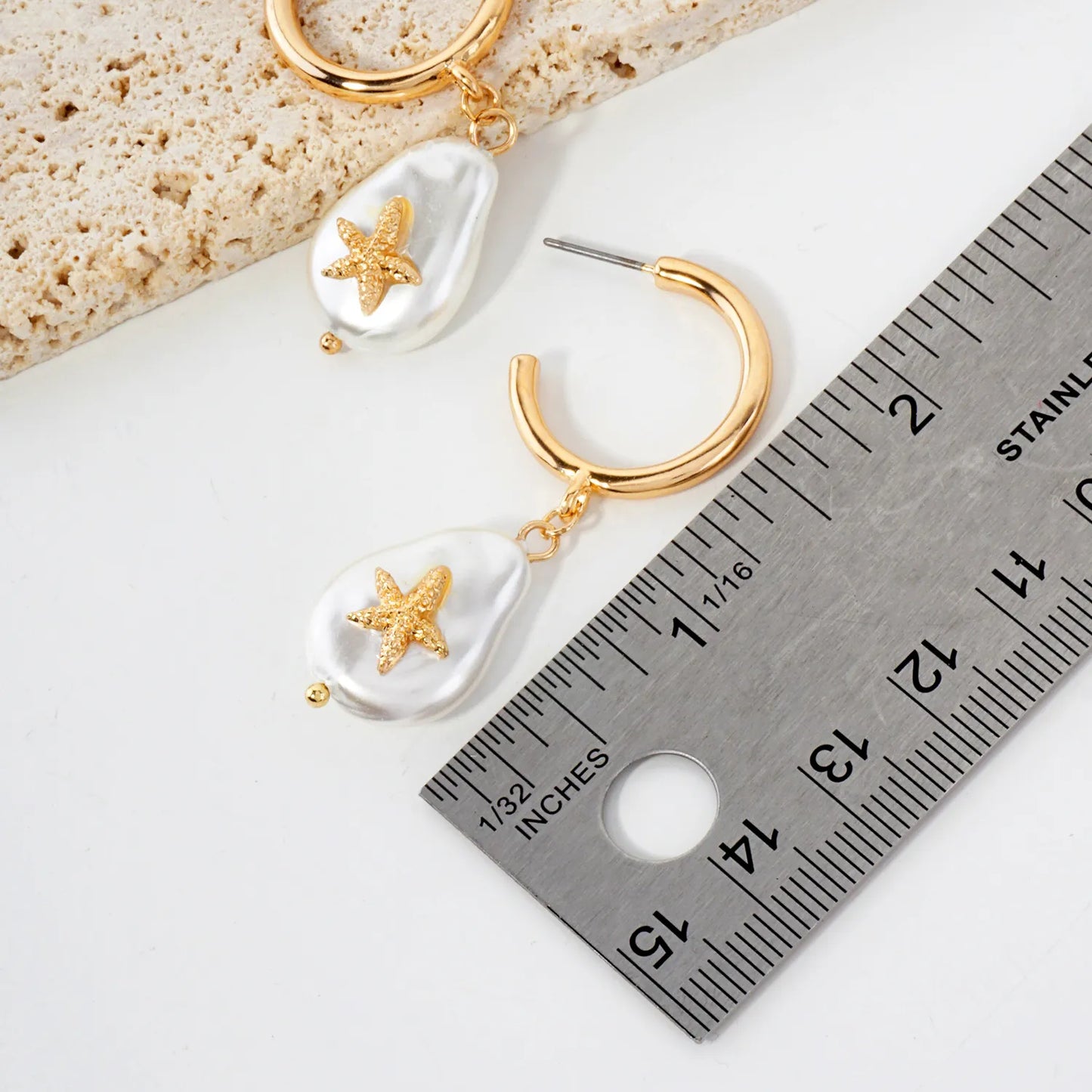Starfish Teardrop Pearl Drop 20mm Hoop Earrings