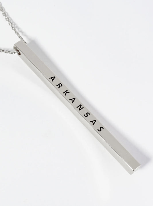 State Of Arkansas Engraved Vertical Bar Pendant Necklace