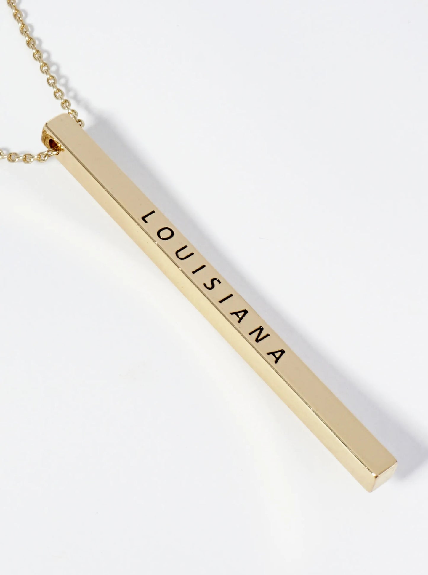 State Of Louisiana Engraved Vertical Bar Pendant Necklace