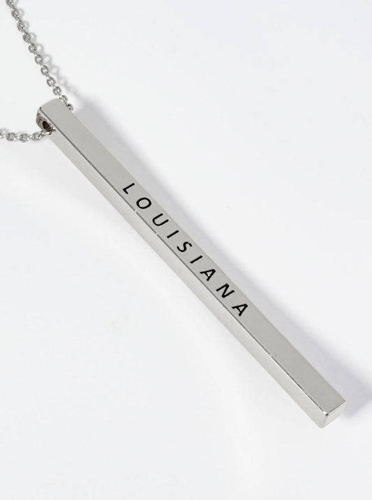 State Of Louisiana Engraved Vertical Bar Pendant Necklace