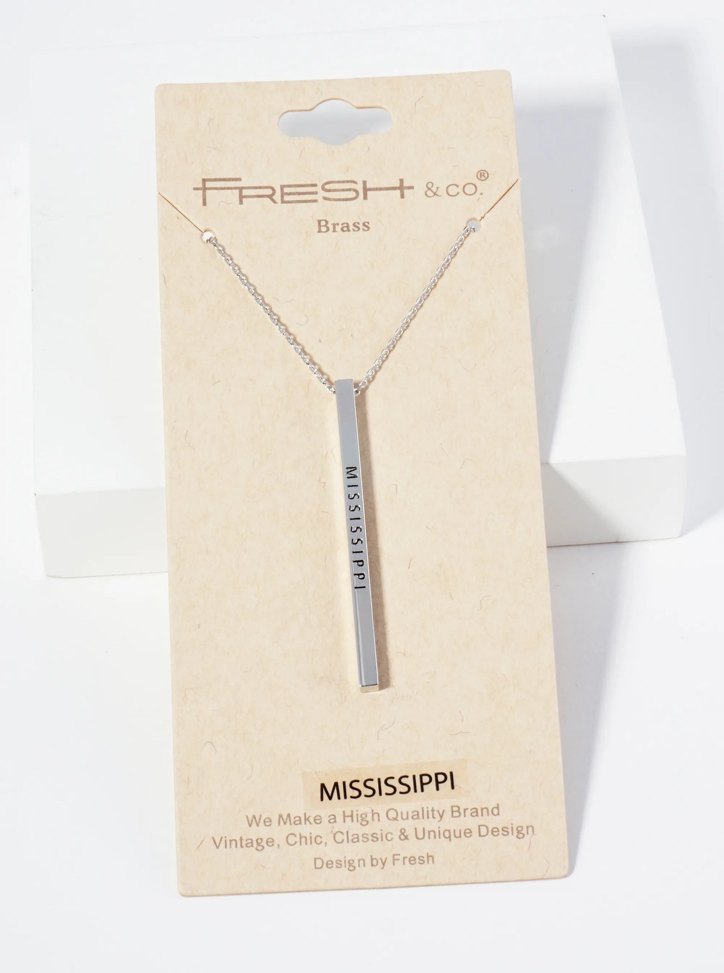 State Of Mississippi Engraved Vertical Bar Pendant Necklace