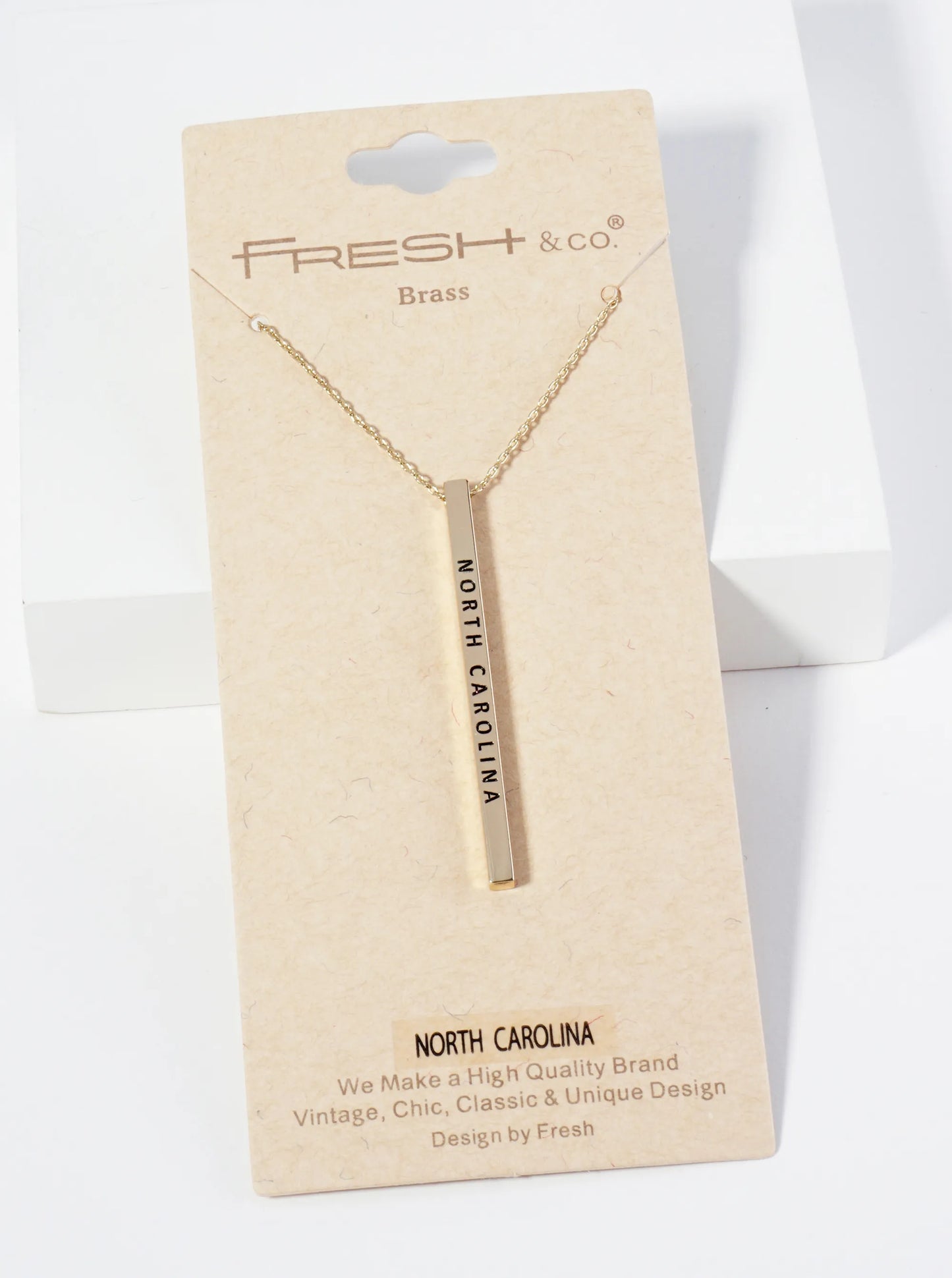State Of North Carolina Engraved Vertical Bar Pendant Necklace
