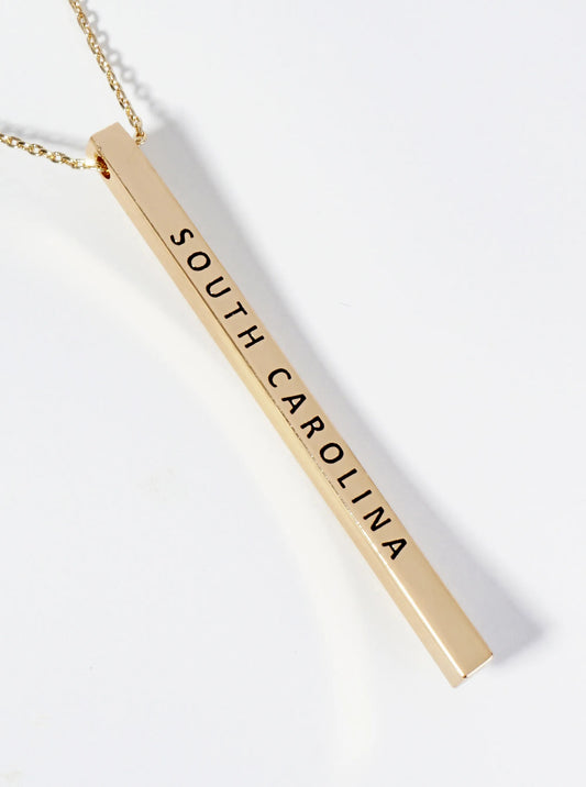 State Of South Carolina Engraved Vertical Bar Pendant Necklace