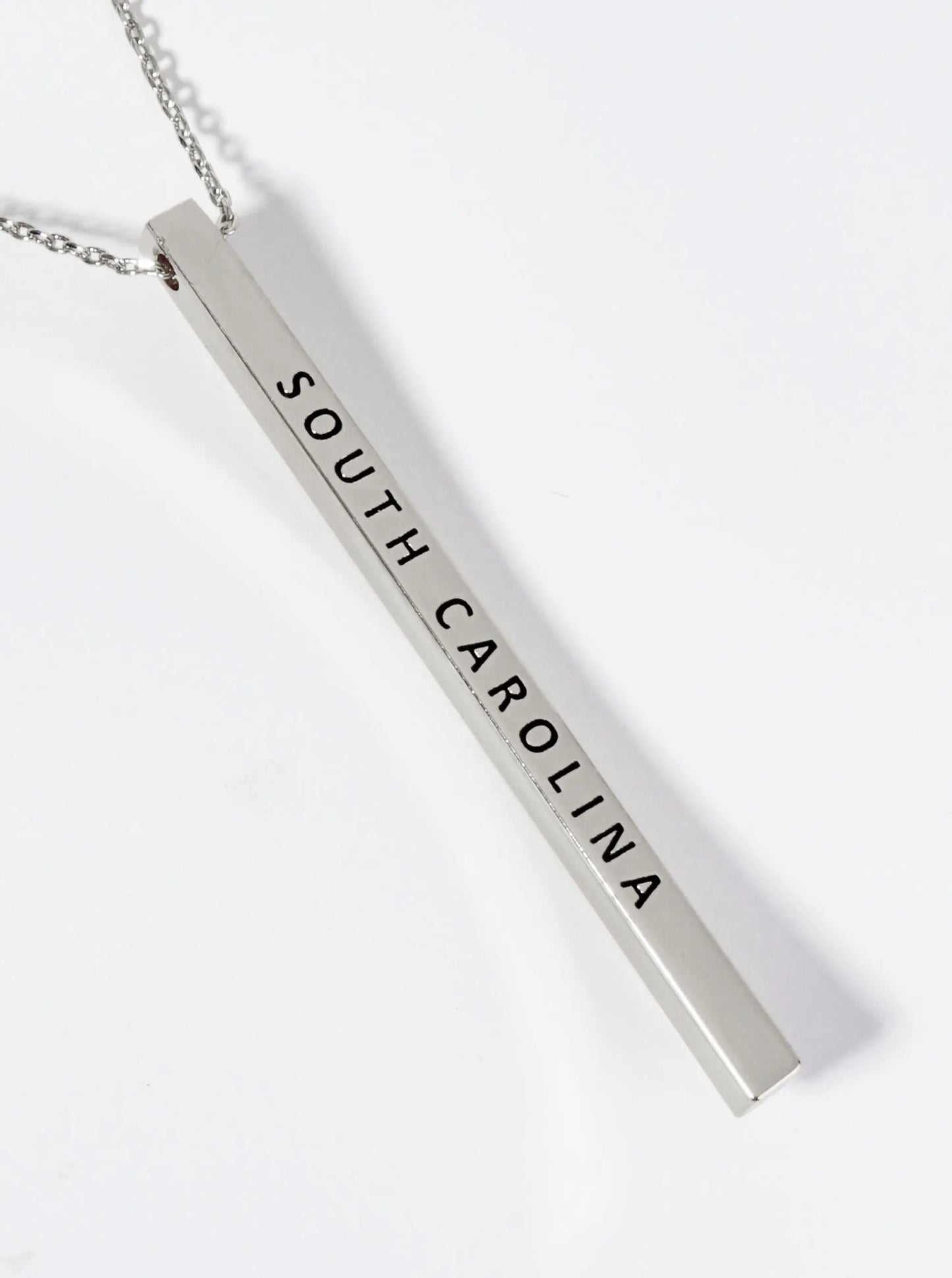 State Of North Carolina Engraved Vertical Bar Pendant Necklace