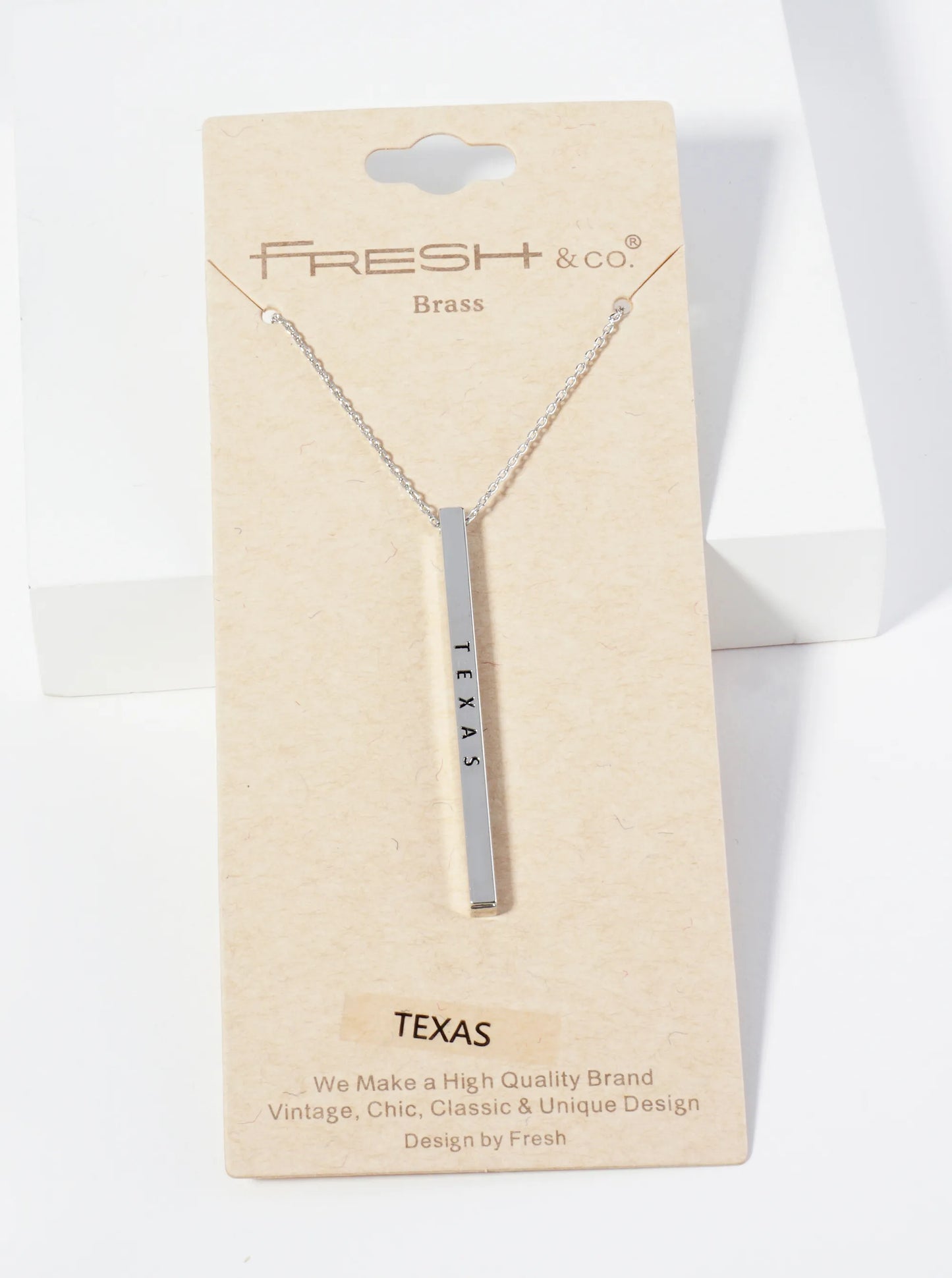State Of Texas Engraved Vertical Bar Pendant Necklace