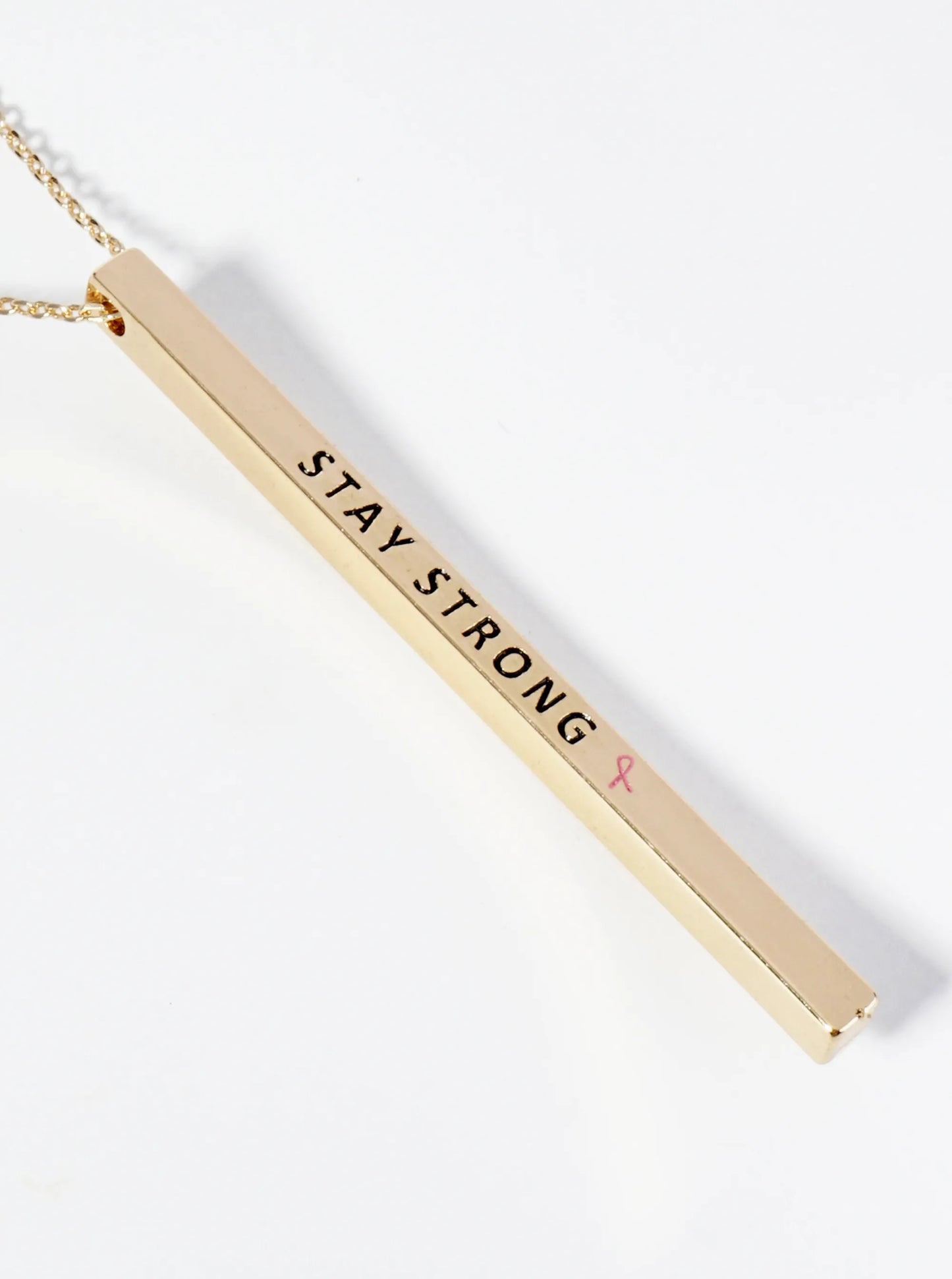 Stay Strong Pink Ribbon Engraved Vertical Bar Pendant Inspirational Necklace