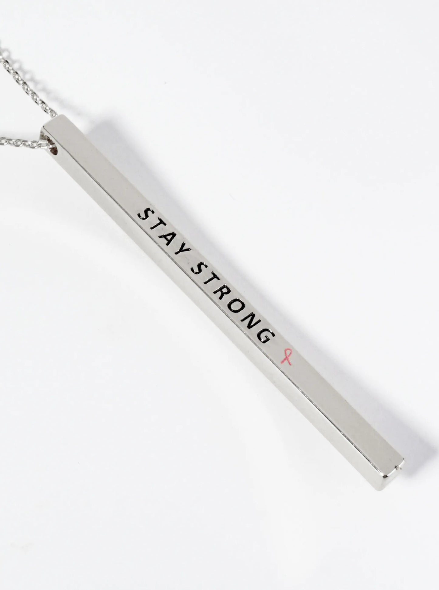 Stay Strong Pink Ribbon Engraved Vertical Bar Pendant Inspirational Necklace
