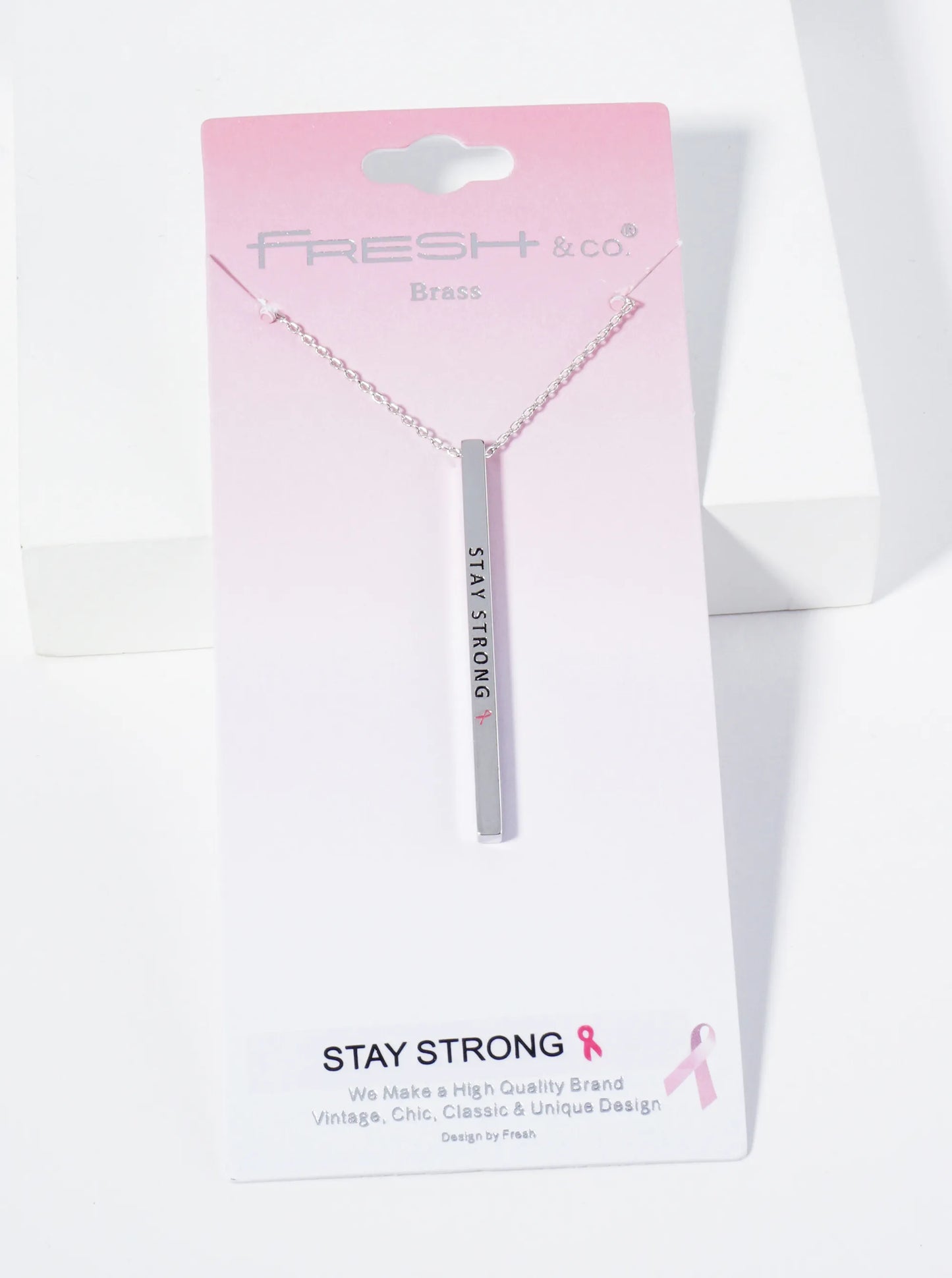Stay Strong Pink Ribbon Engraved Vertical Bar Pendant Inspirational Necklace