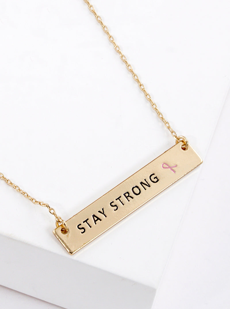 Stay Strong Engraved Rectangle Pendant Pink Ribbon Inspirational Necklace