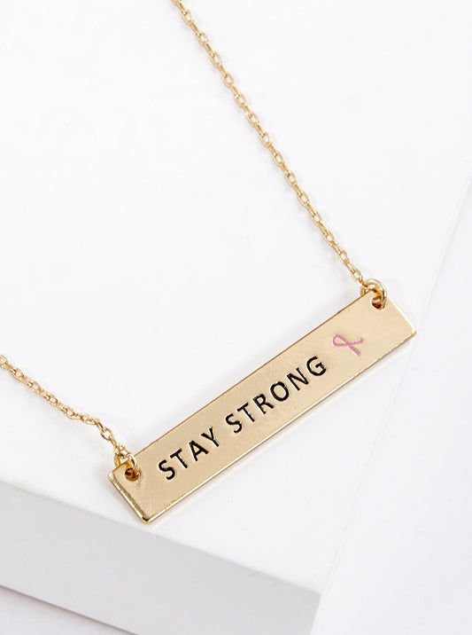 Stay Strong Engraved Rectangle Pendant Pink Ribbon Inspirational Necklace