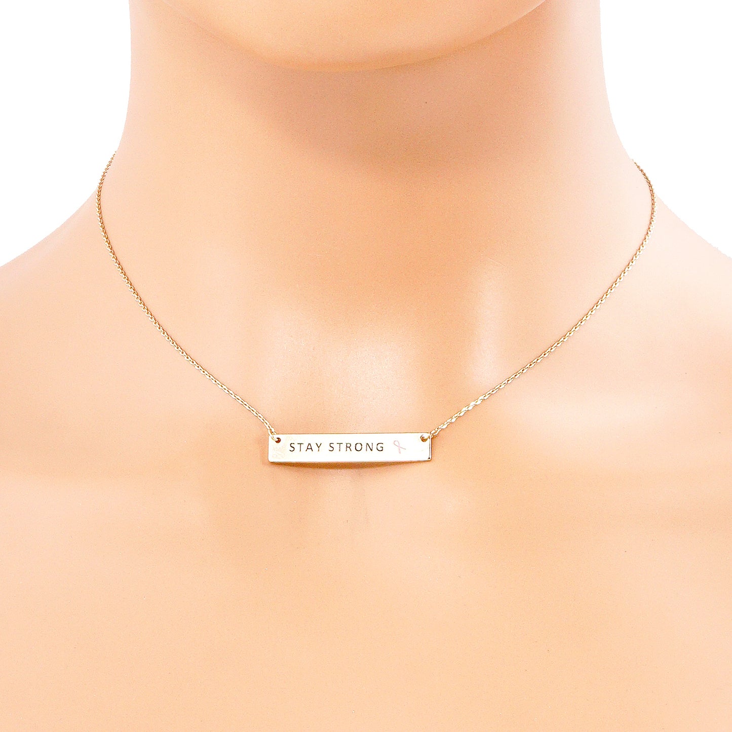 Stay Strong Engraved Rectangle Pendant Pink Ribbon Inspirational Necklace