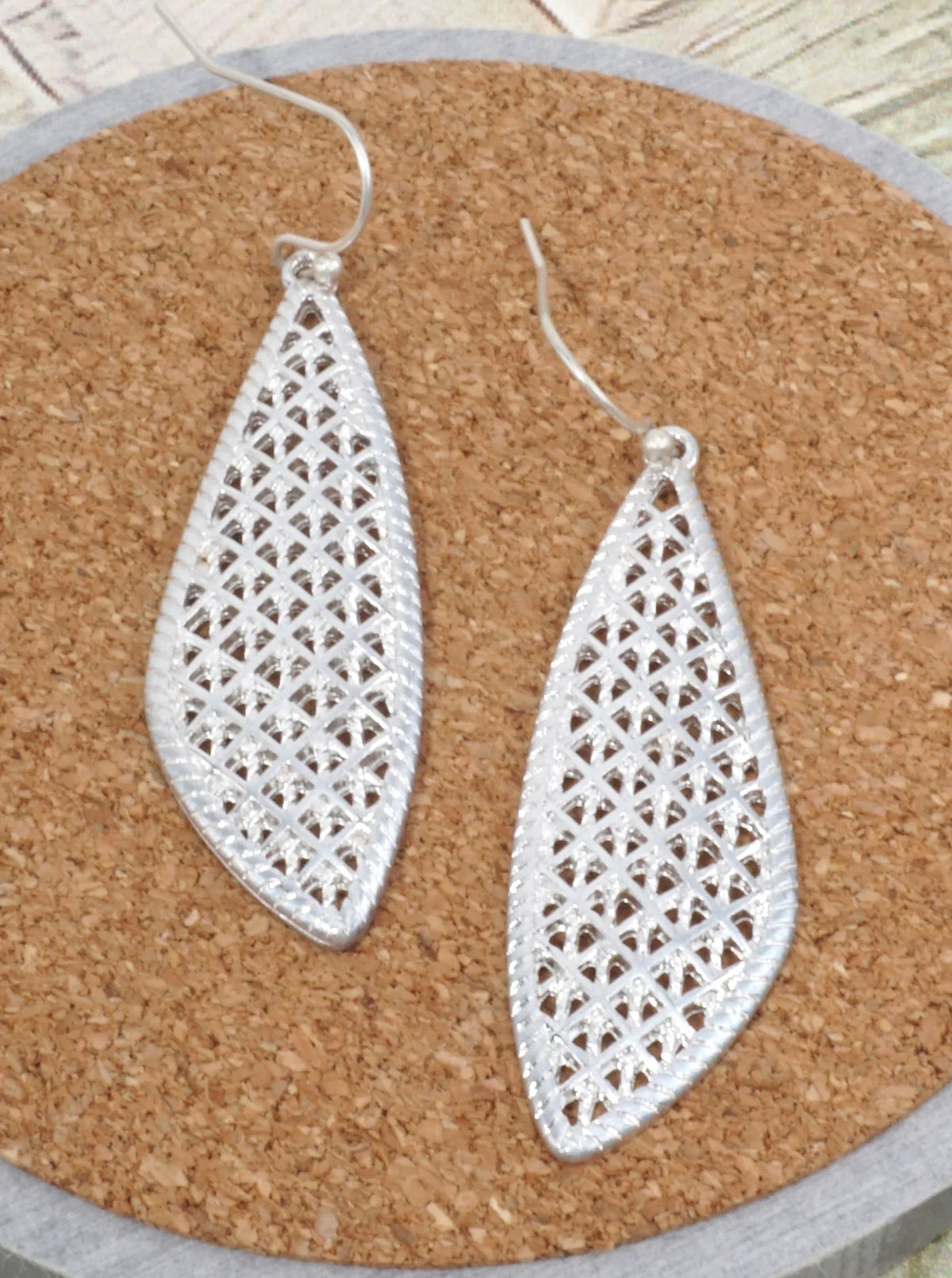 Stenciled Fancy Teardrop Filigree Drop Earrings Worn Silver