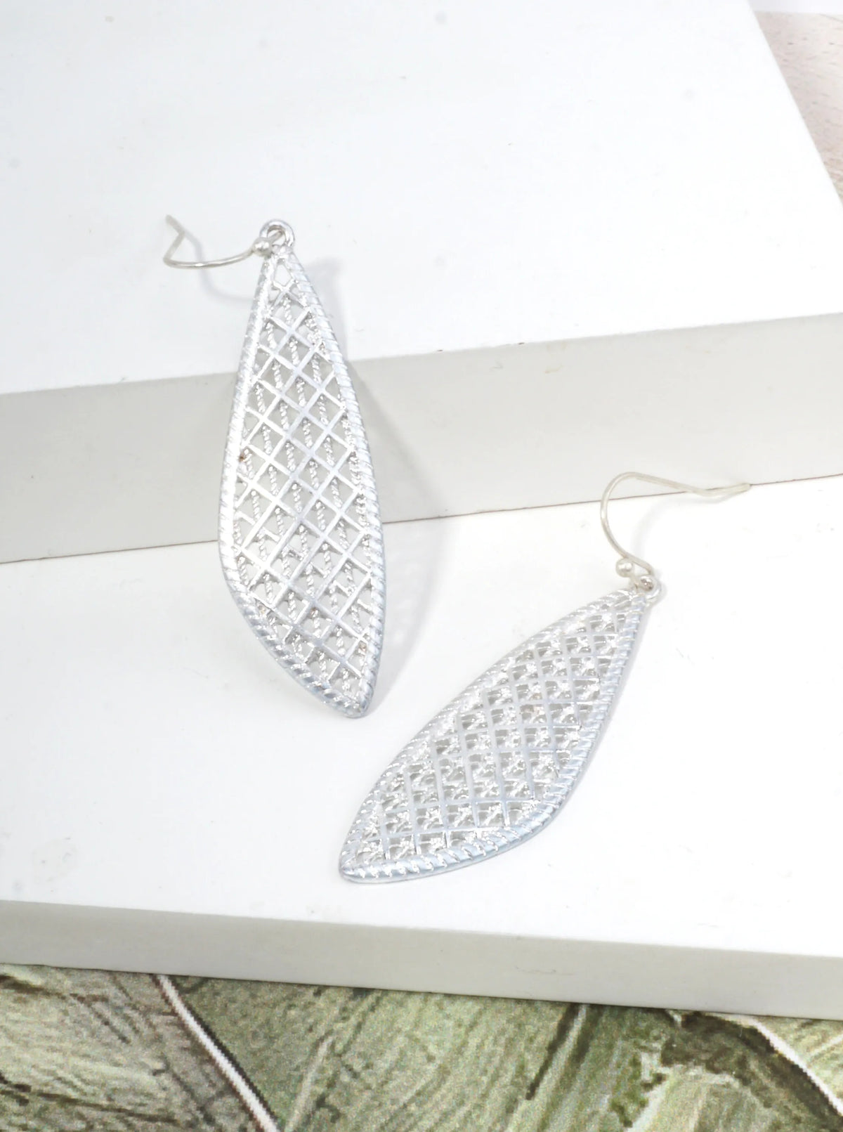 Stenciled Fancy Teardrop Filigree Drop Earrings Worn Silver