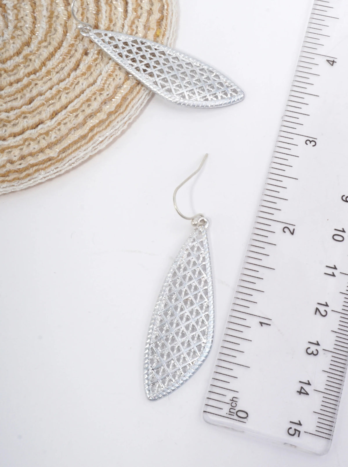 Stenciled Fancy Teardrop Filigree Drop Earrings Worn Silver