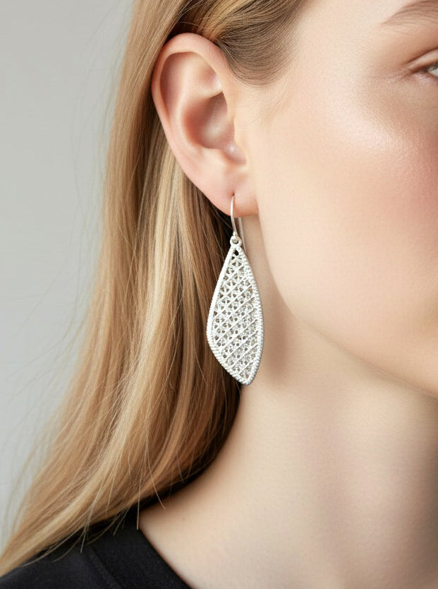 Stenciled Fancy Teardrop Filigree Drop Earrings Worn Silver