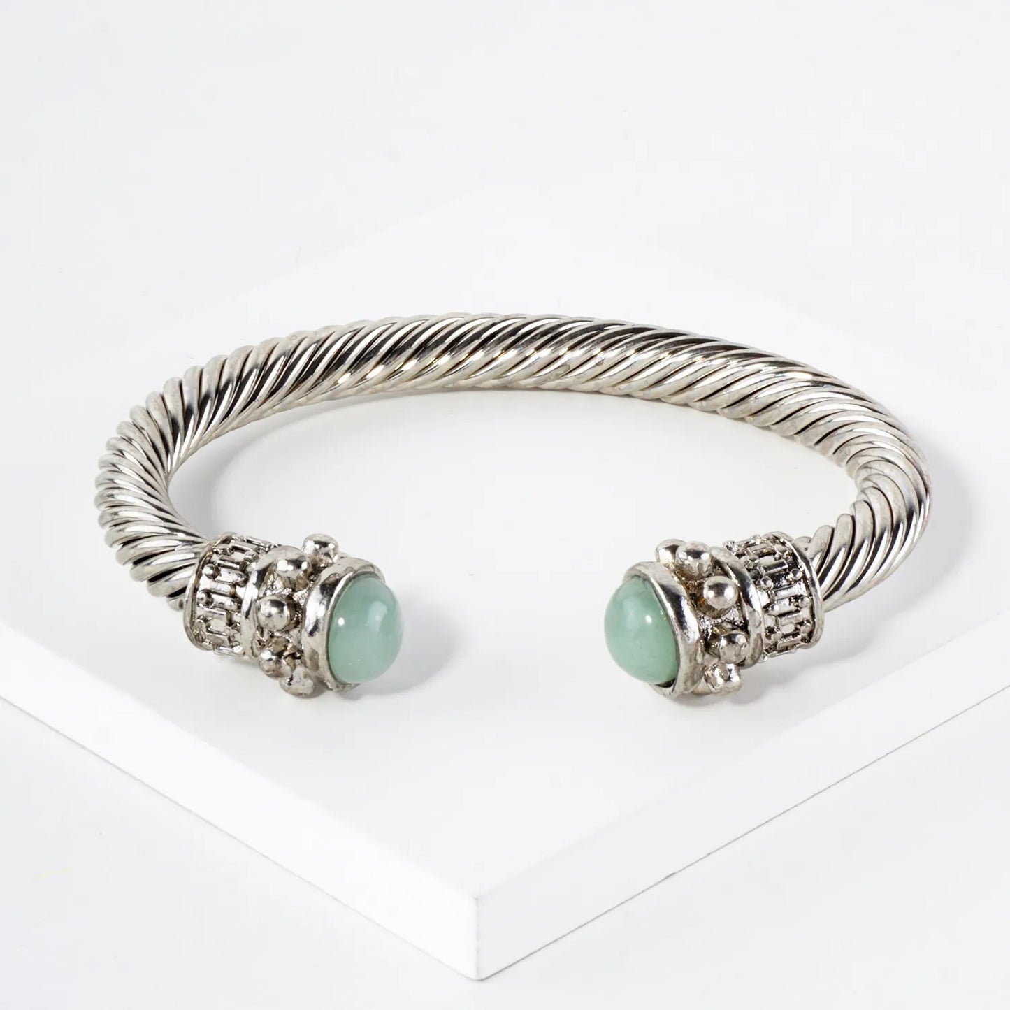 Stone Accent Rope-Texture Open Cuff Cable Bracelet