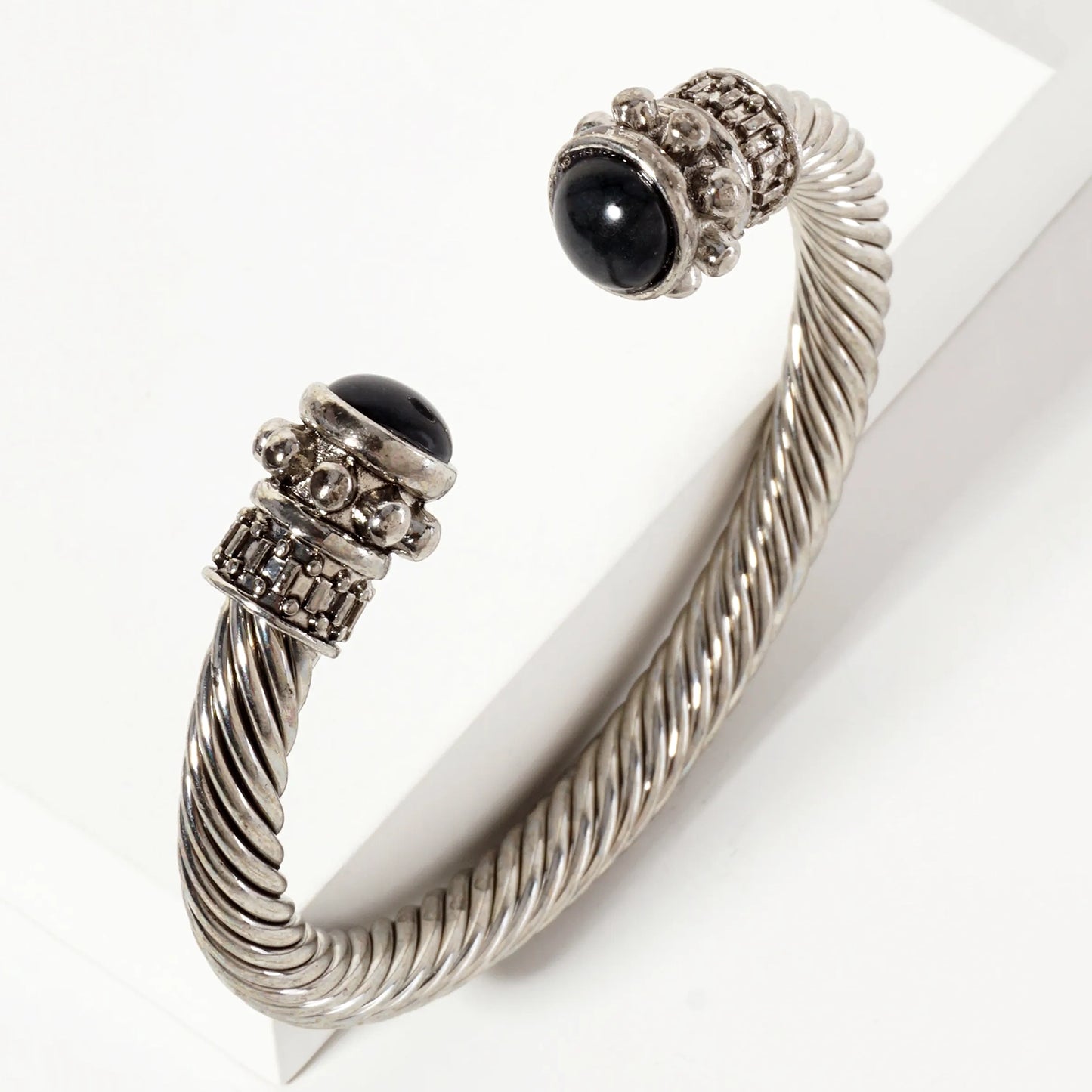 Stone Accent Rope-Texture Open Cuff Cable Bracelet