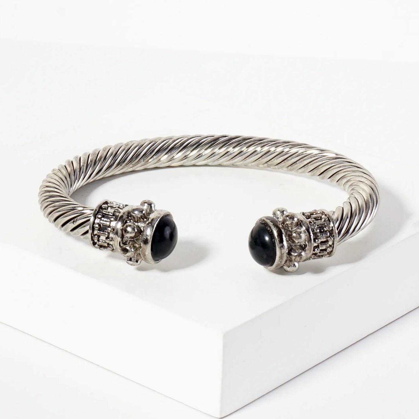 Stone Accent Rope-Texture Open Cuff Cable Bracelet