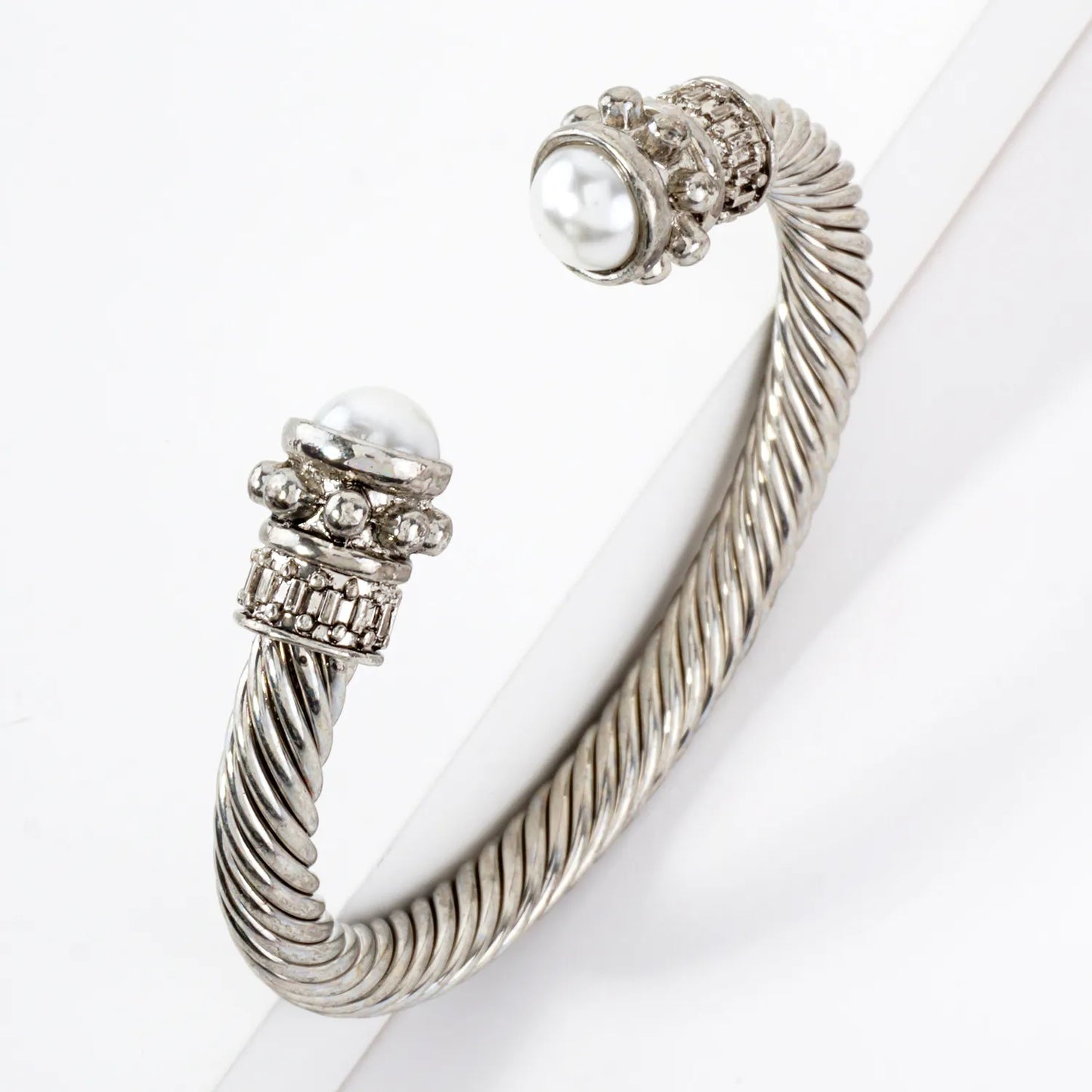 Stone Accent Rope-Texture Open Cuff Cable Bracelet