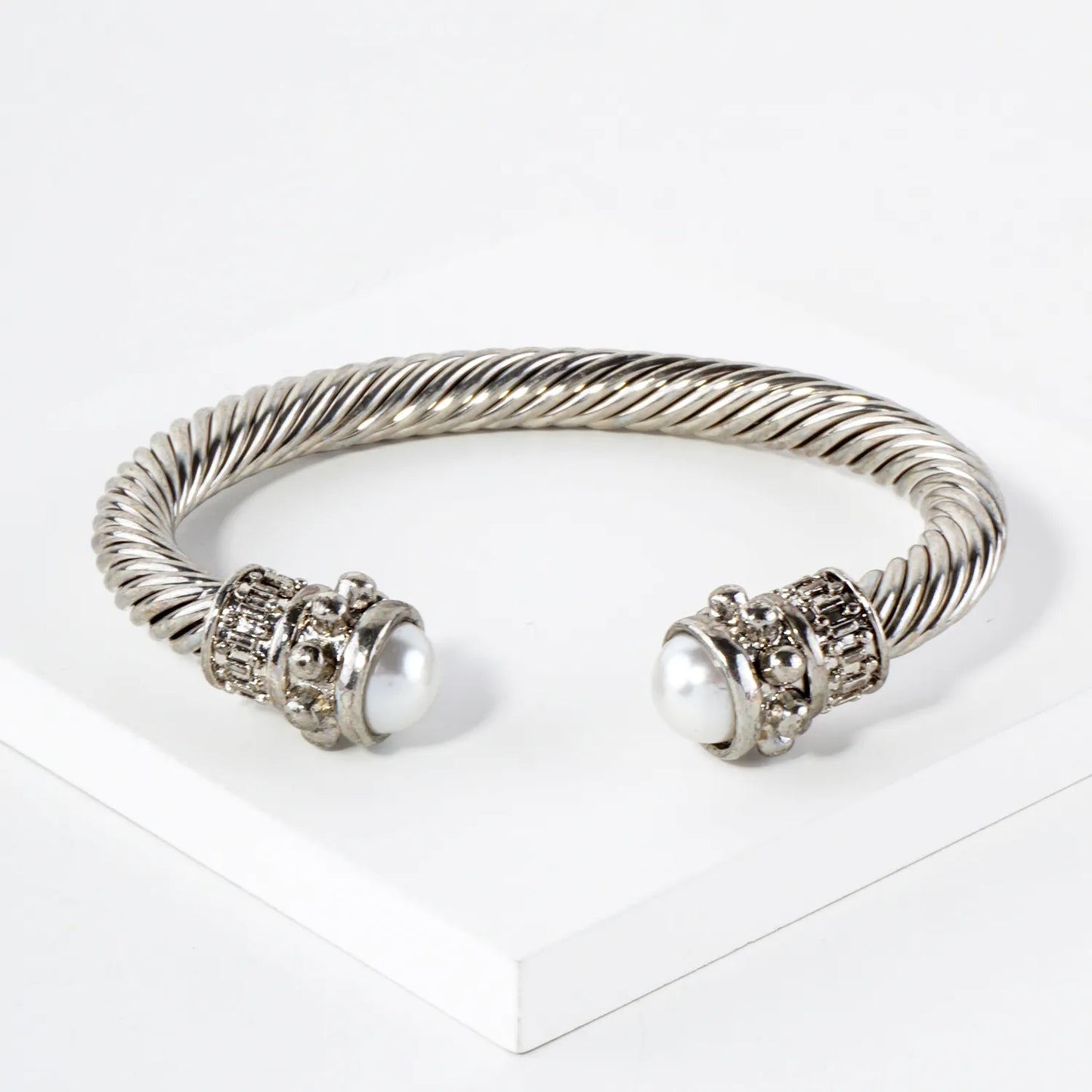 Stone Accent Rope-Texture Open Cuff Cable Bracelet