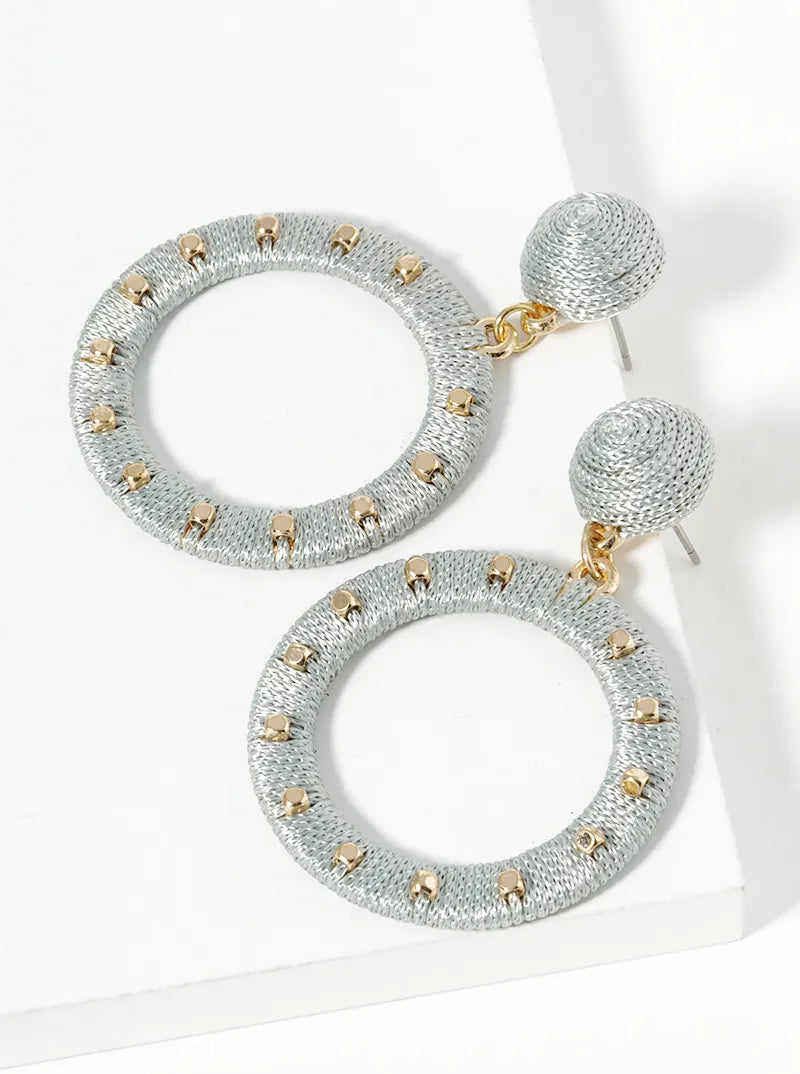 Studded Thread Wrapped Post Drop Round Dangle Earrings