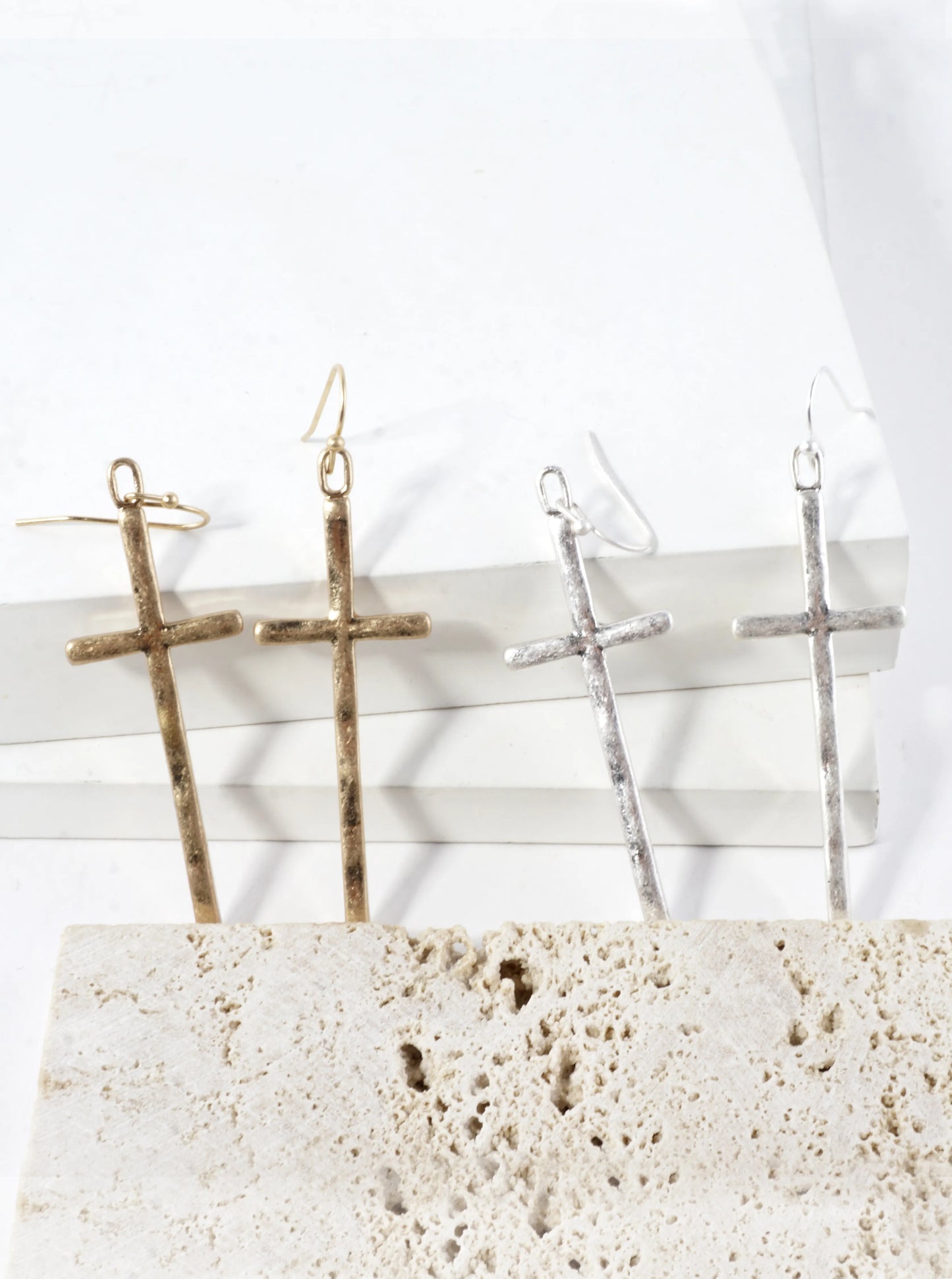 Subtle Hammered Texture Cross Drop Linear Earrings