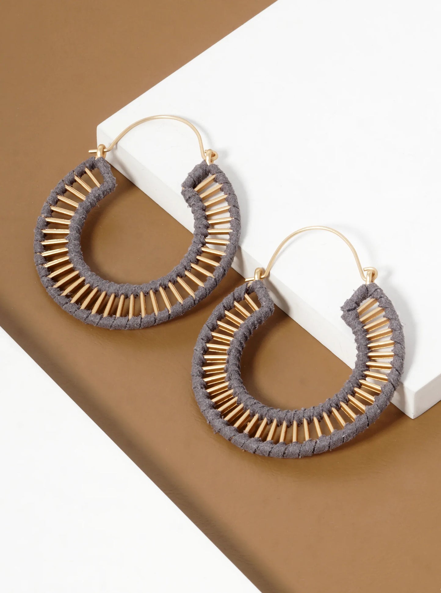 Suede Wrapped Brass Circle Drop Earrings