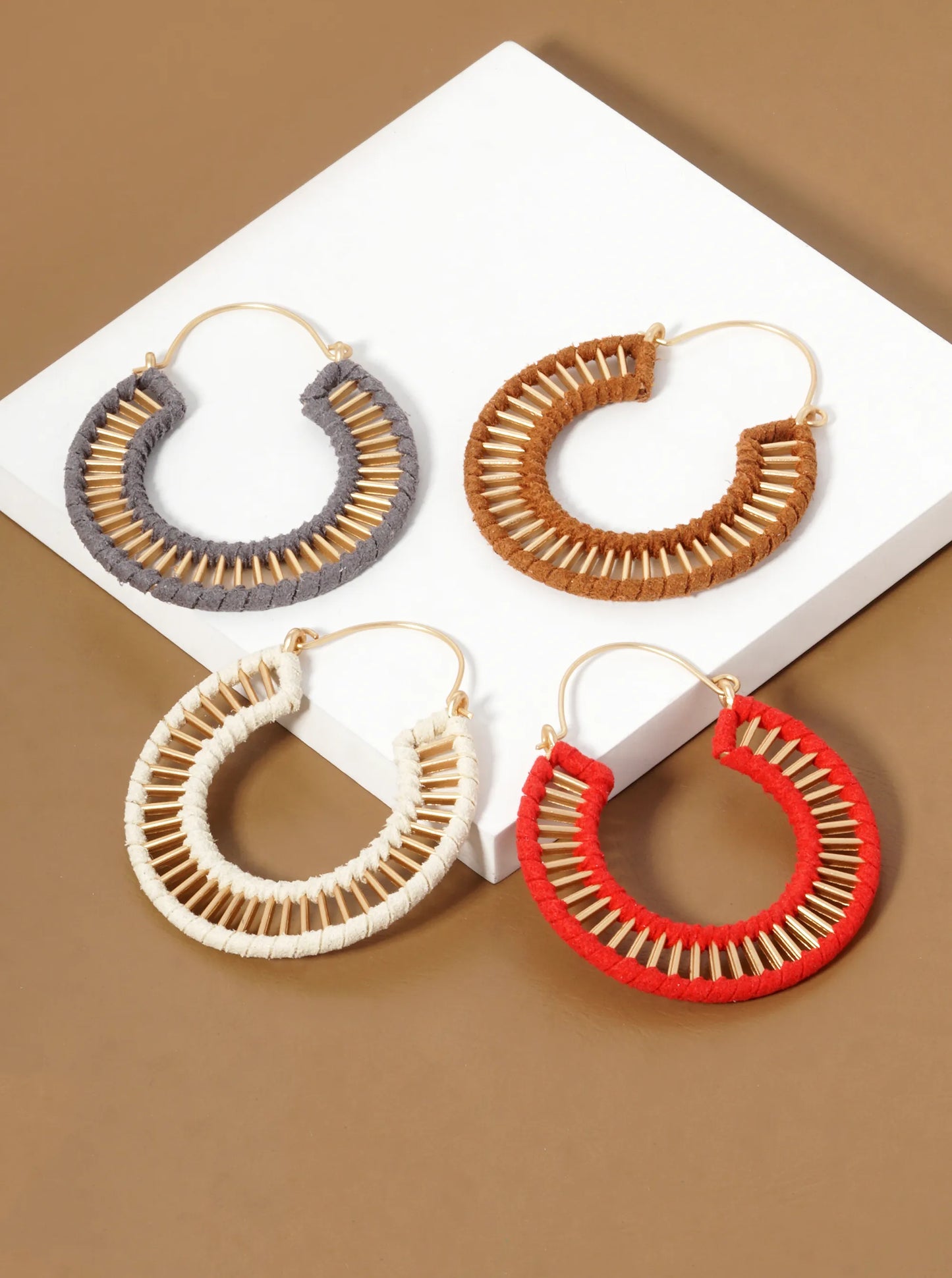 Suede Wrapped Brass Circle Drop Earrings
