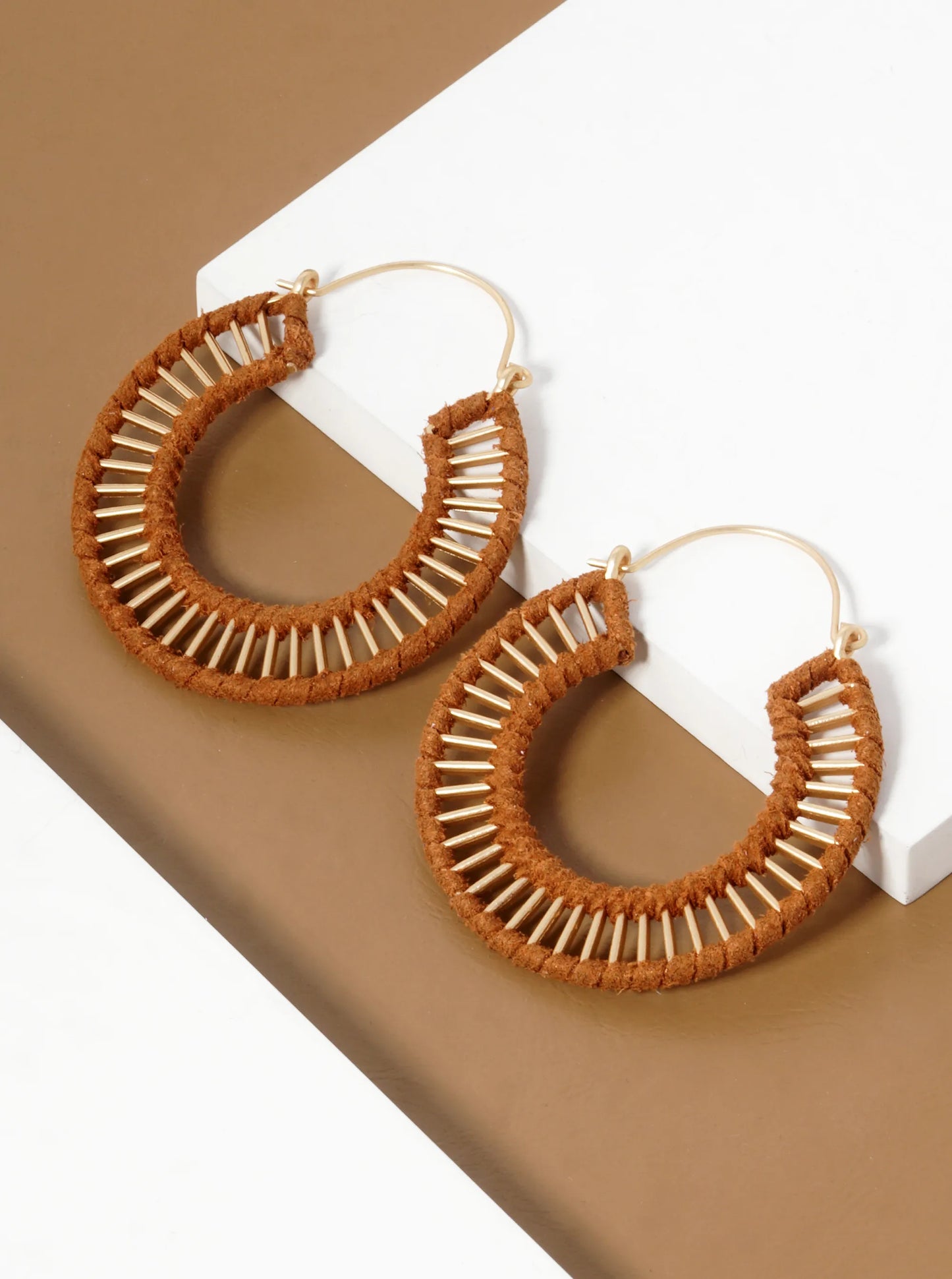 Suede Wrapped Brass Circle Drop Earrings