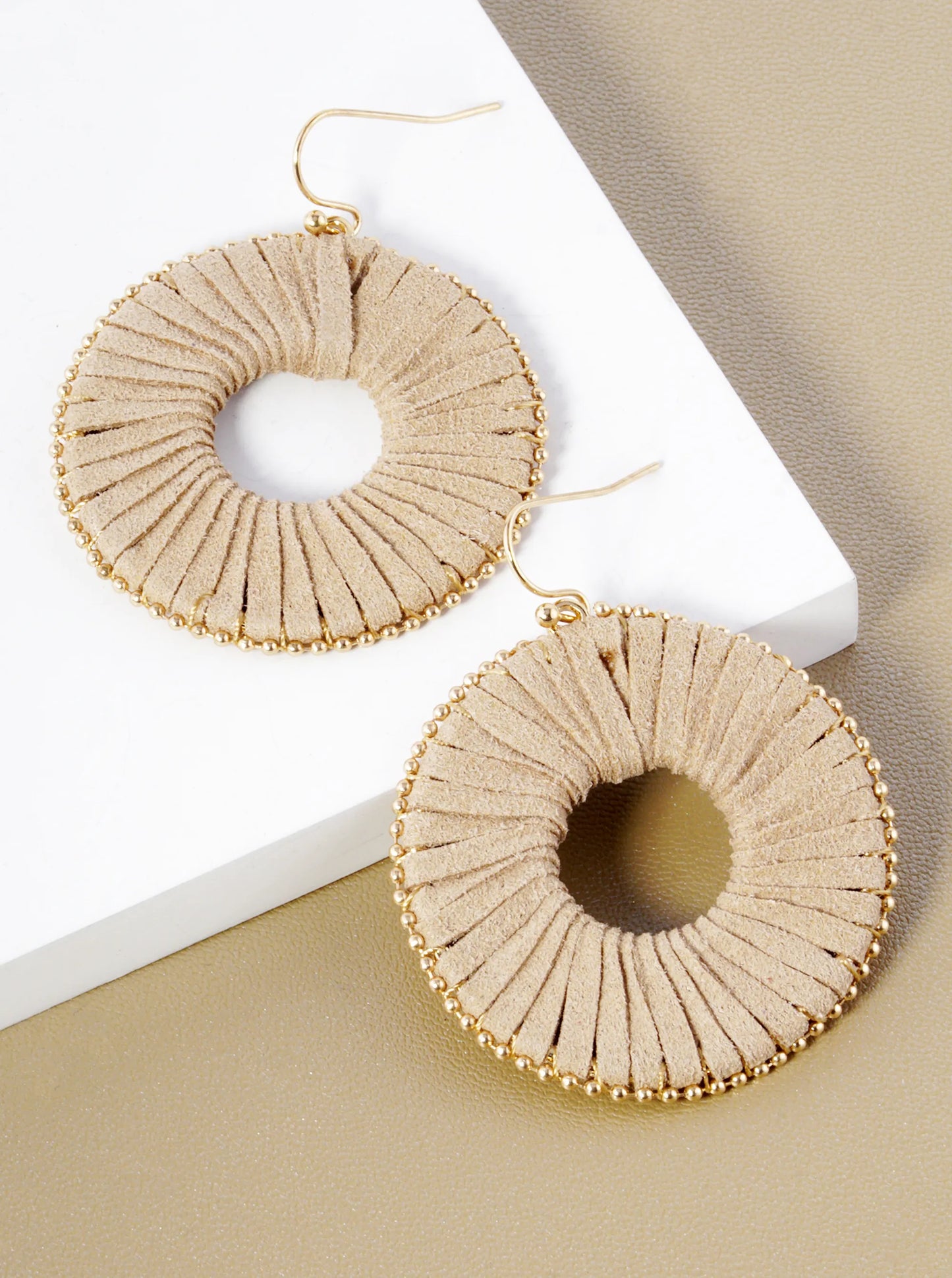 Suede Wrapped Circle Dangle Drop Earrings