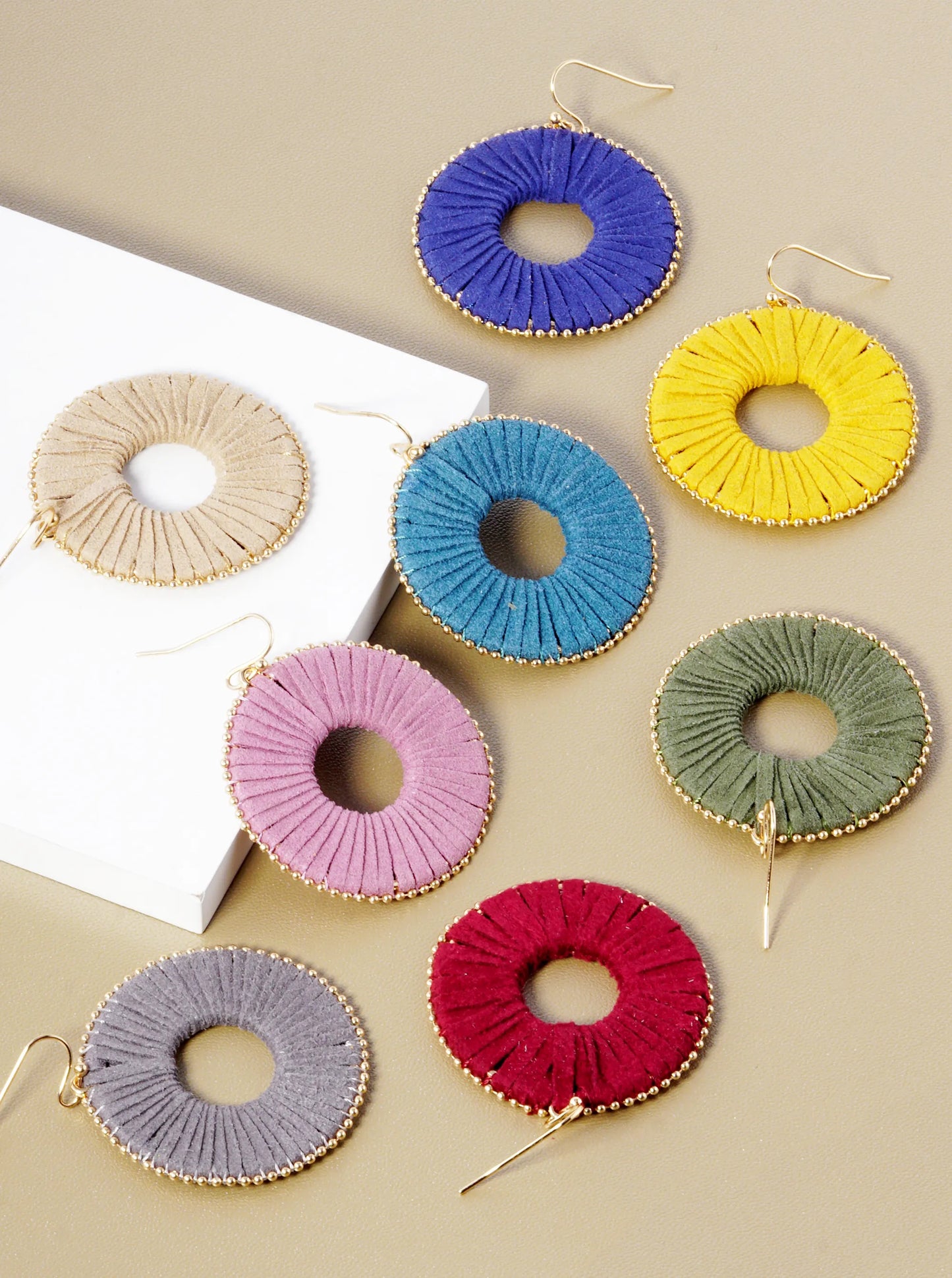Suede Wrapped Circle Dangle Drop Earrings