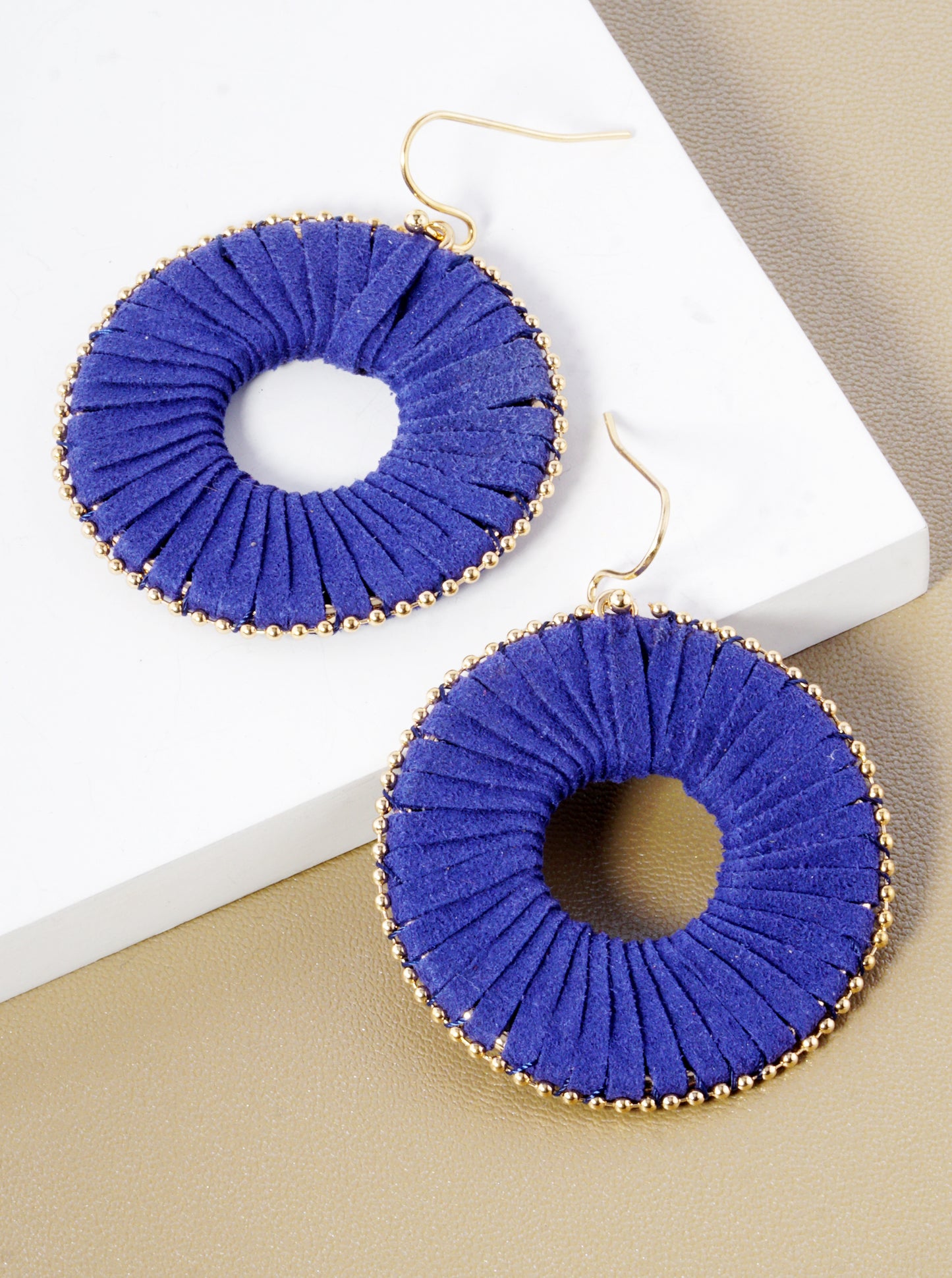 Suede Wrapped Circle Dangle Drop Earrings