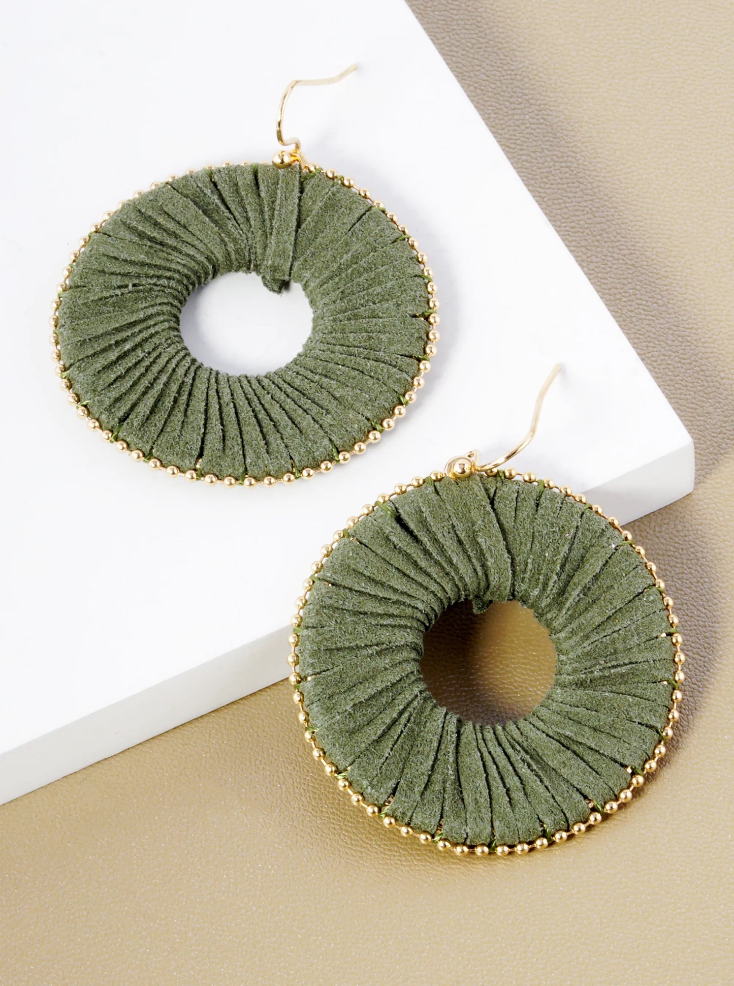 Suede Wrapped Circle Dangle Drop Earrings