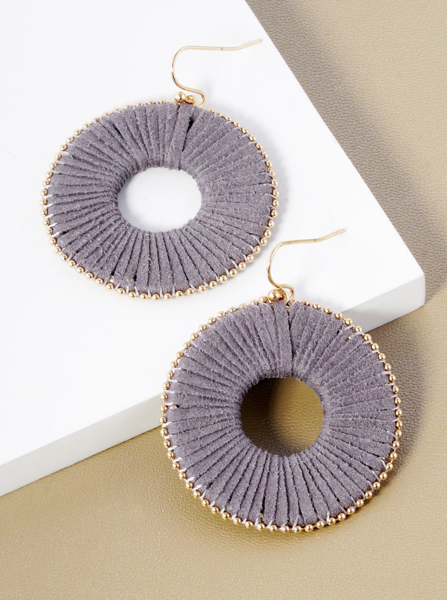 Suede Wrapped Circle Dangle Drop Earrings