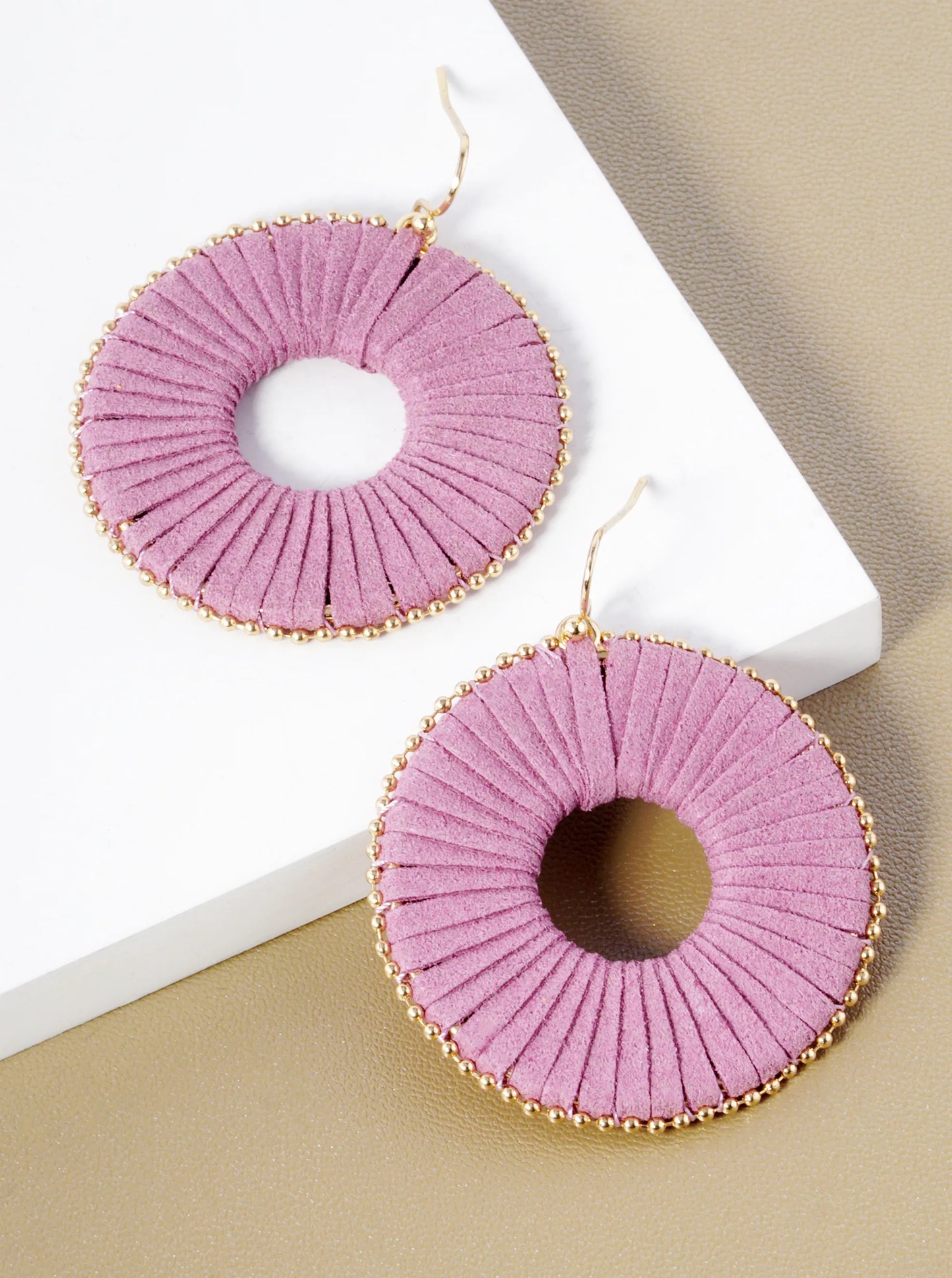 Suede Wrapped Circle Dangle Drop Earrings