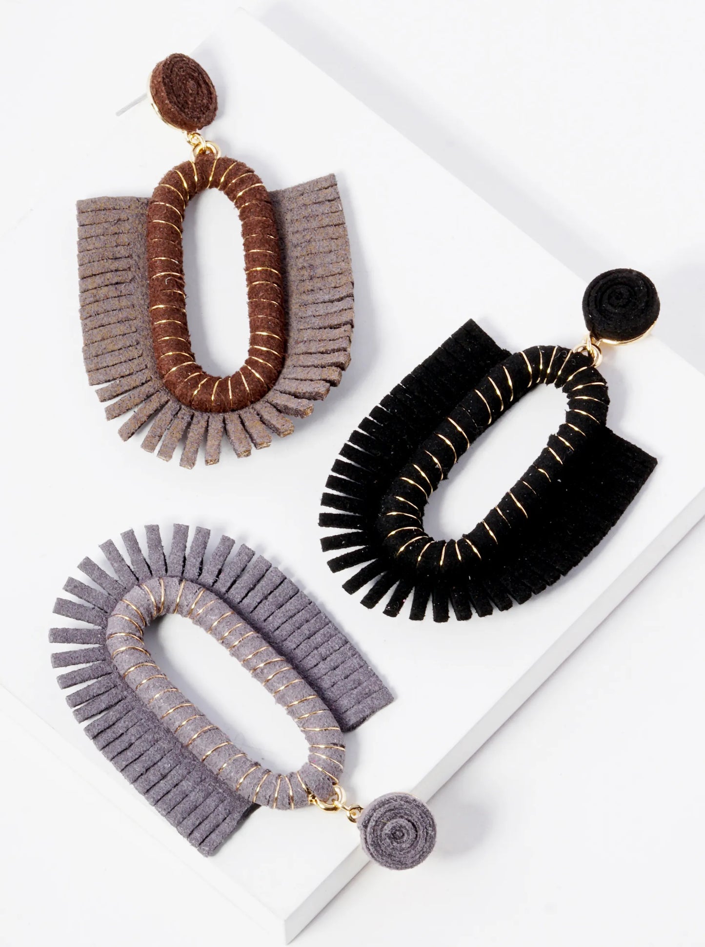 Suede Wrapped Fringe Dangle Post Earrings