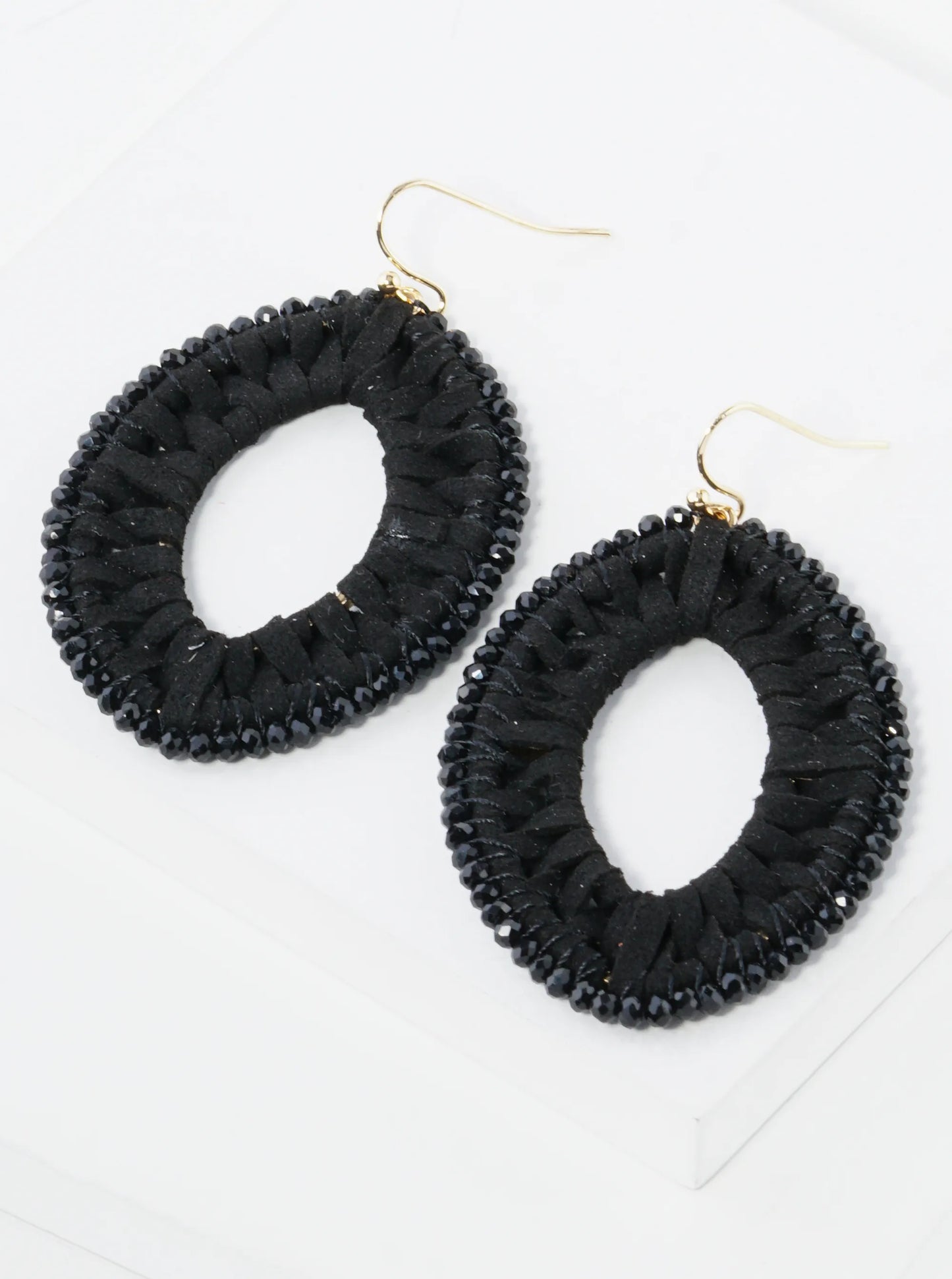 Suede And Beads 2 Inch Marquise Drop Dangle Earrings