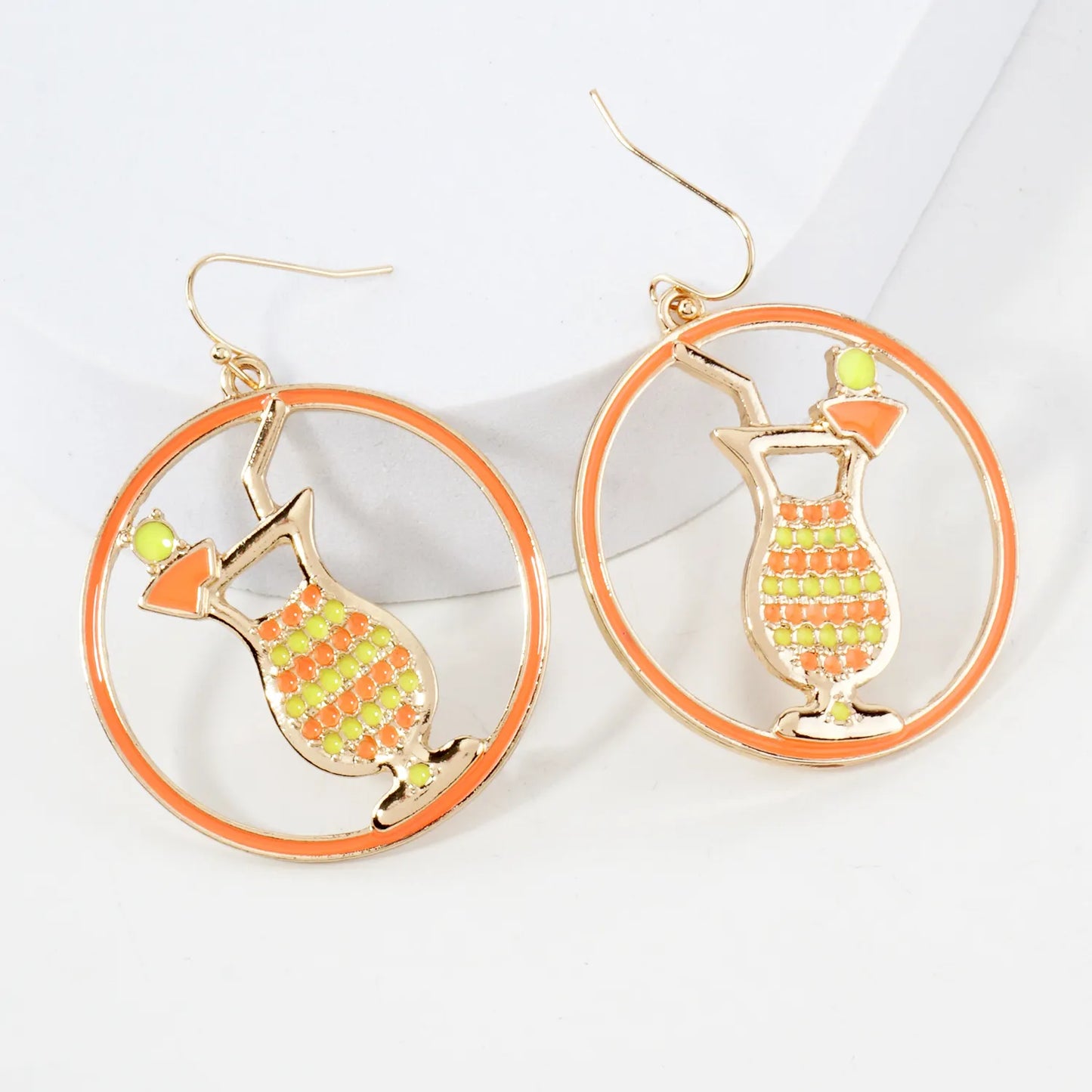 Summer Vibes Enamel Circle Cocktail Glass Dangle Earrings