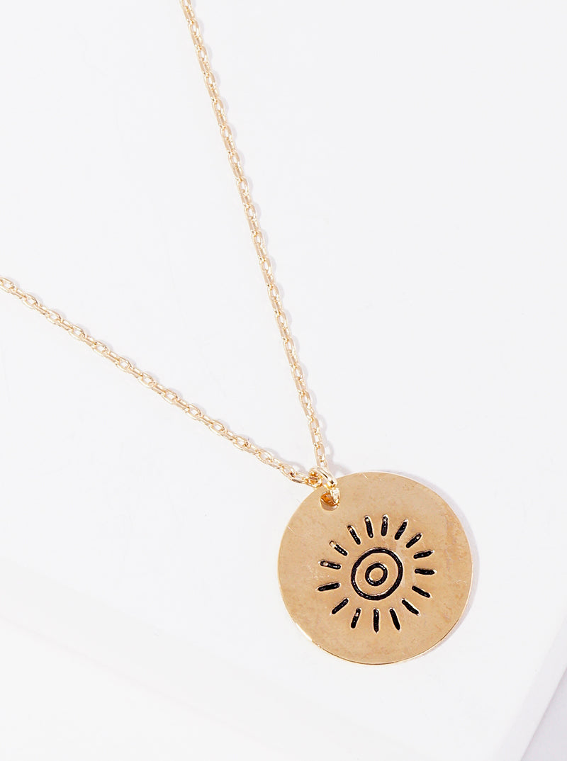 Sun Engraved Round Disc Pendant 18K-Gold-Dipped Necklace